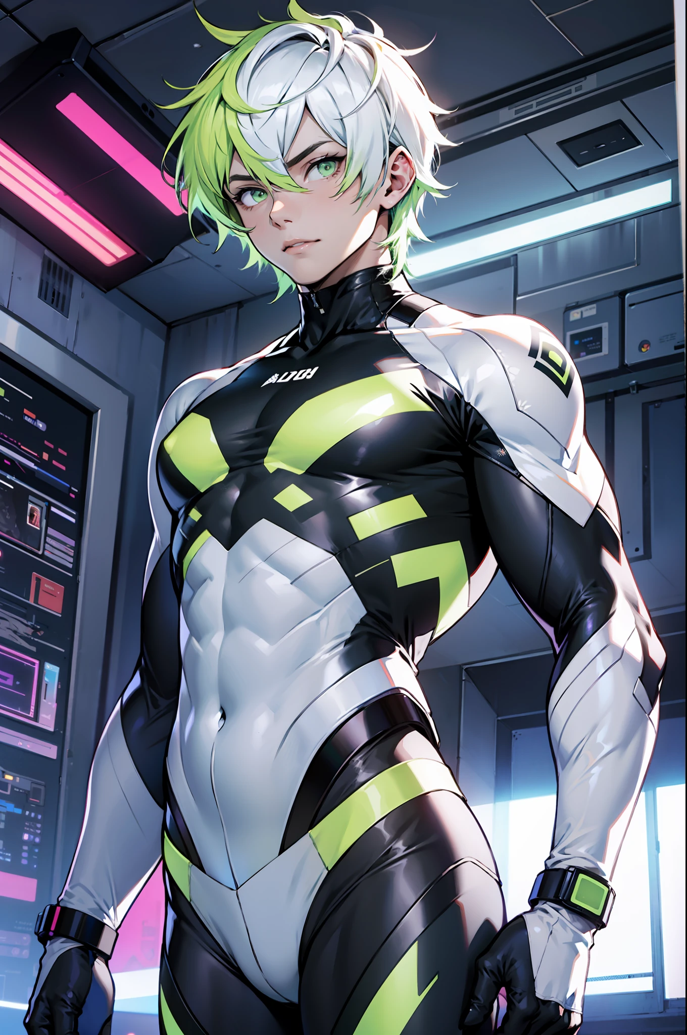 A man, hologram, thin and athletic body, very white and pale skin, bright green eyes, technological and holographic clothes, in a room