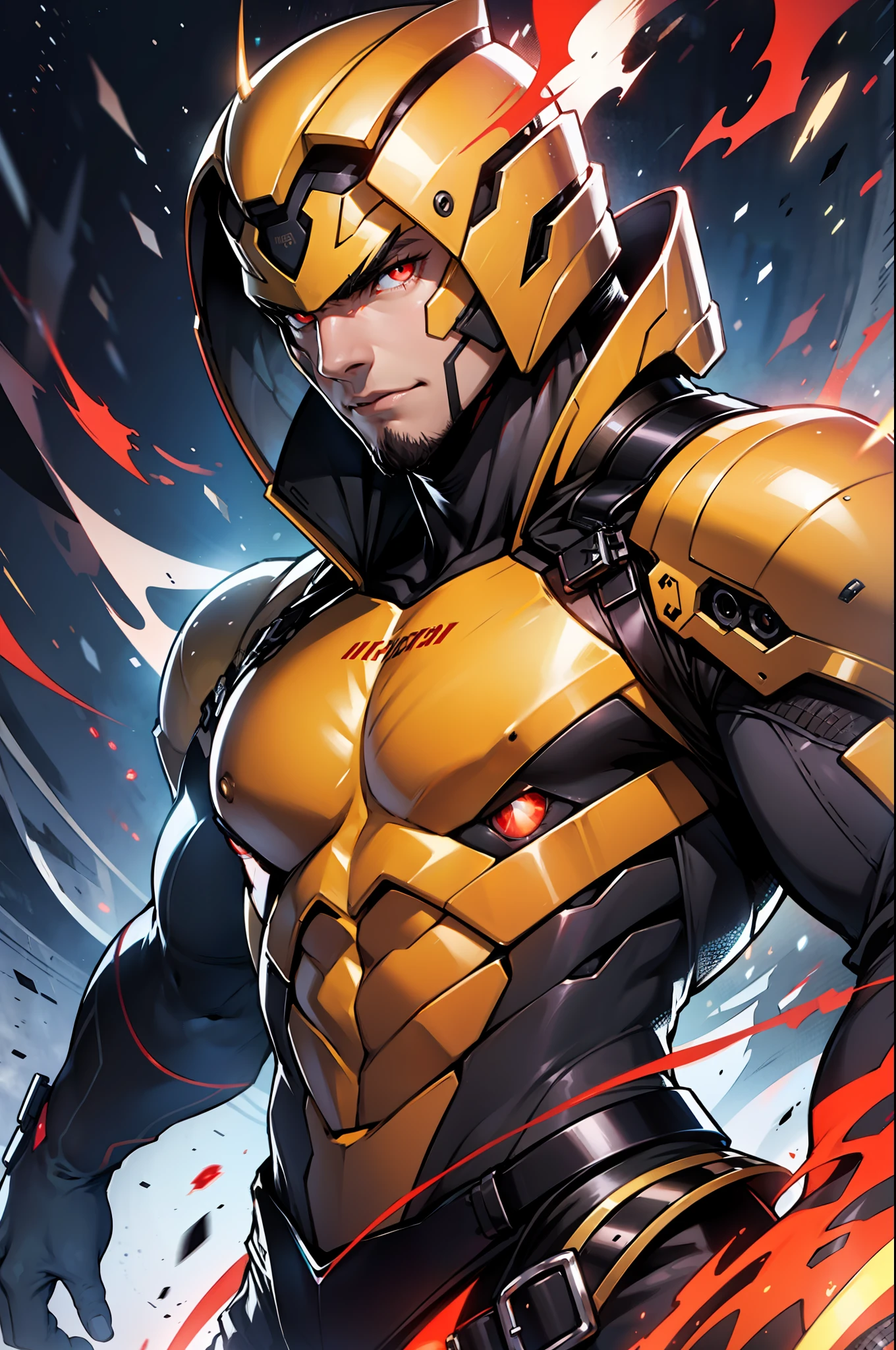 A man, Android, muscular body, very tall, metallic skin, bright red eyes, ruthless expression, night