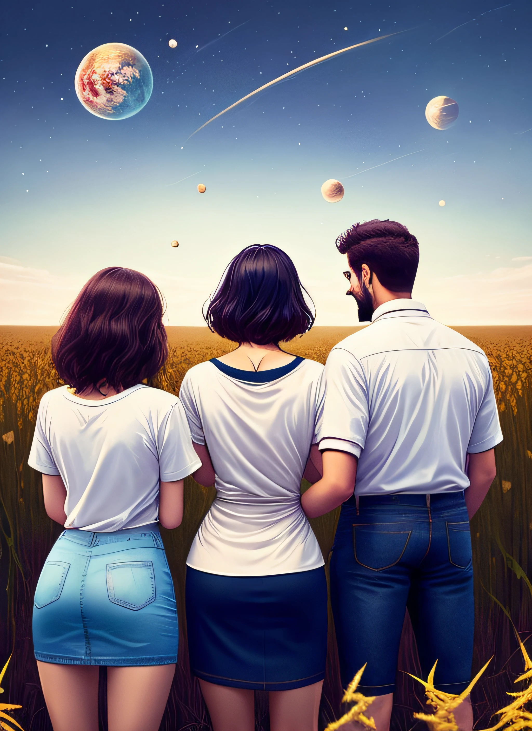 A woman wearing a flowing T-shirt and jeans, a man in a white dress shirt up to his elbow and a woman in a dress, the three of them on their backs in a field looking at planet Earth in space, center, two women with a man in the middle, looking at the planet