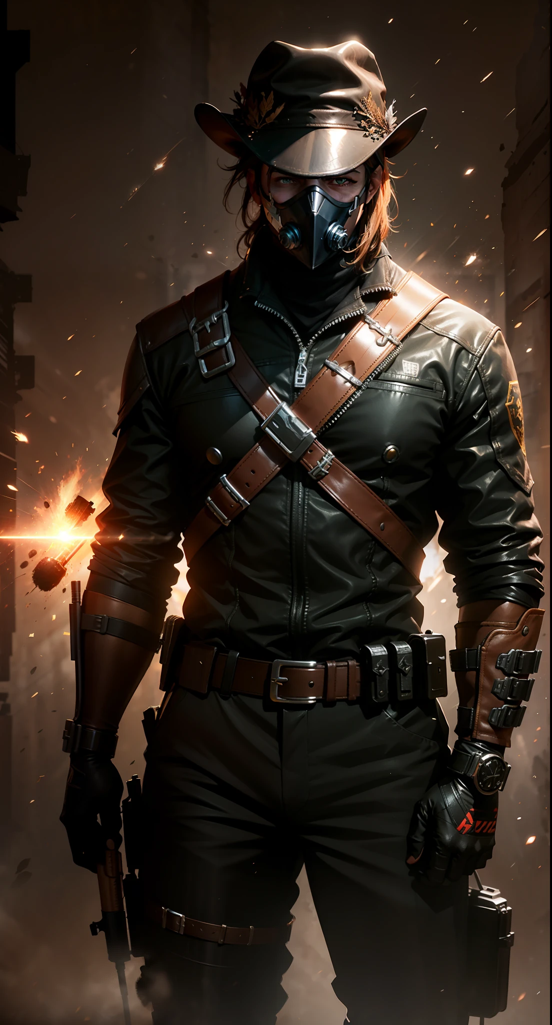 Western setting, Grown man, cowboy cosplay, leather hat, a rifle handle on the back, a short-barreled shotgun in the hands, mask on the face, black suit with gold, projectiles being fired, bullet belt at the waist, unreal engine 5, ultra detailed, 8k.