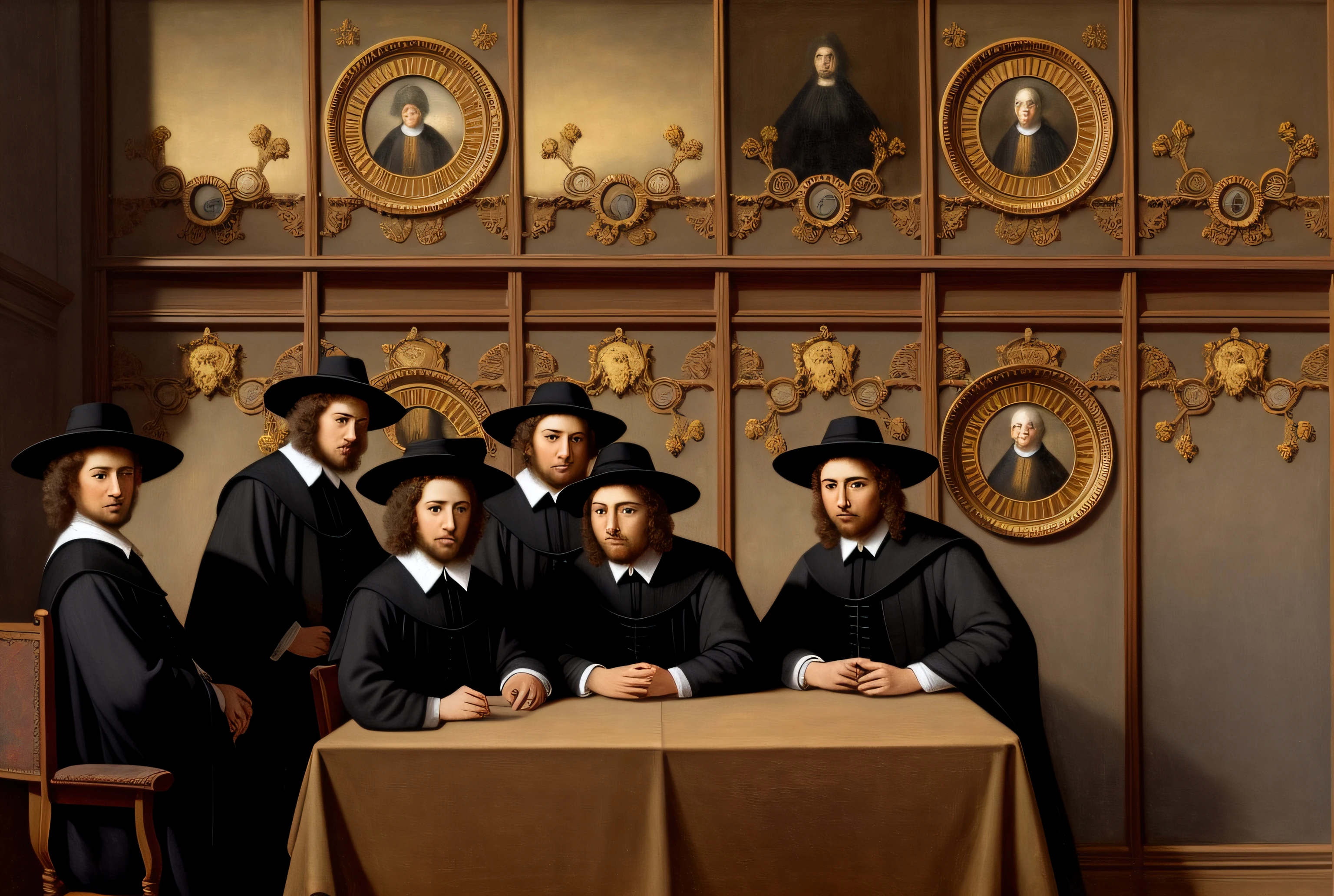 painting of a group of men in black hats and black robes, dutch golden age, by Emanuel de Witte, dutch golden age painting, dutch masterpiece, rembrandt style, inspired by Juriaen van Streeck, inspired by Jan Cornelisz Vermeyen, dutch masters, symmetrical baroque painting, in style of rembrandt, by Justus van Gent
