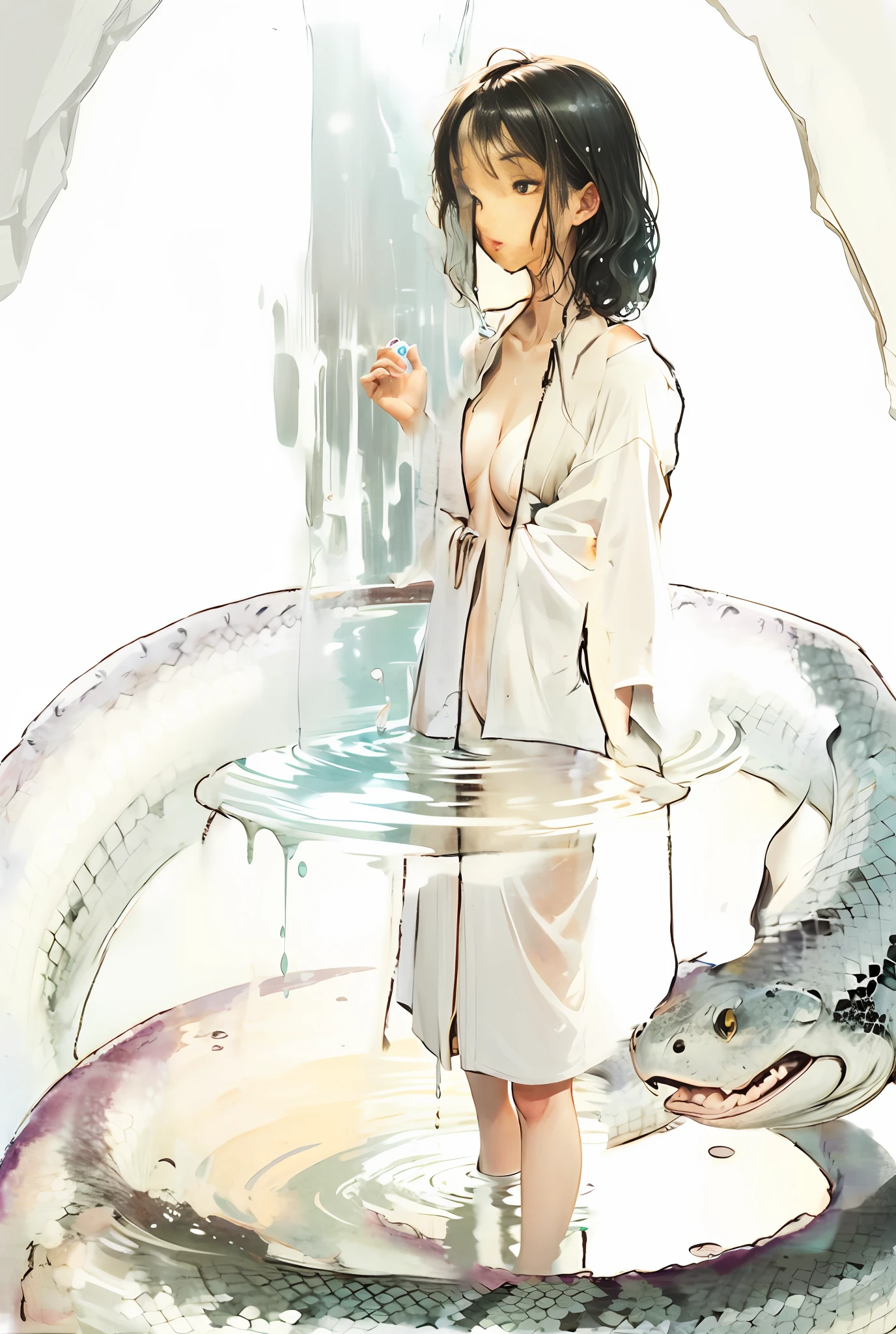 Right hand playing water from a waterfall, illustration of pale shades of pencil and ink