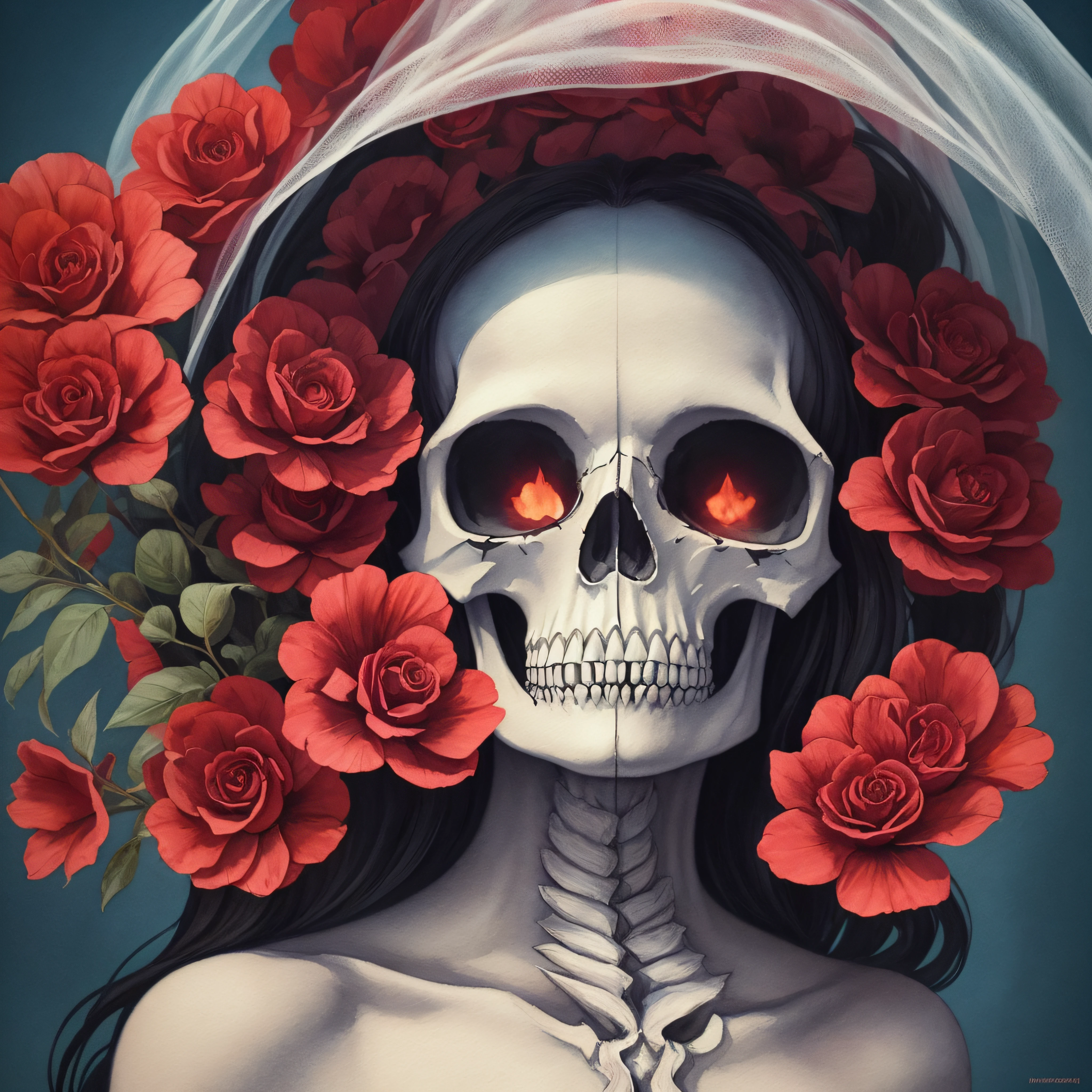 A surrealistic, ethereal painting of a goddess of death, her face shrouded in a veil of shadows, skull head, skeleton, death, red flowers red , Mexican style, full body, fantasy, elegant, highly detailed, digital painting, artstation, concept art, smooth, sharp focus, illustration, alphonse mucha, 4K, photography, photorealistic, detailed illustration pastel tetradic colors, cute and quirky, fantasy art, watercolor effect, hand-drawn, digital painting, soft lighting, isometric style, retro aesthetic, 4K resolution, photorealistic rendering --auto