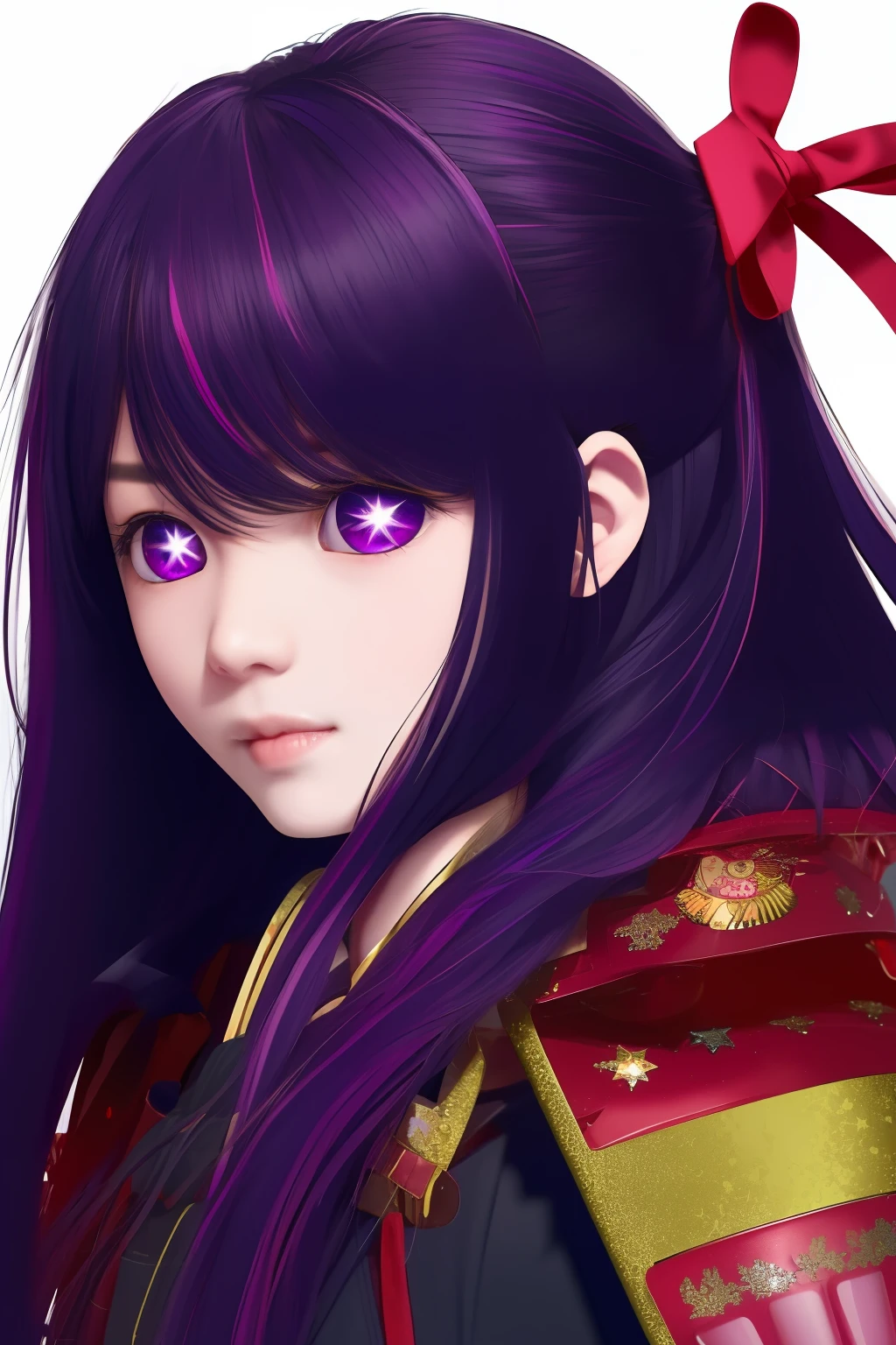 Hoshino Ai, long hair, purple hair, streaked hair ,purple eyes, star-shaped pupils, hair ornament, samurai
armor