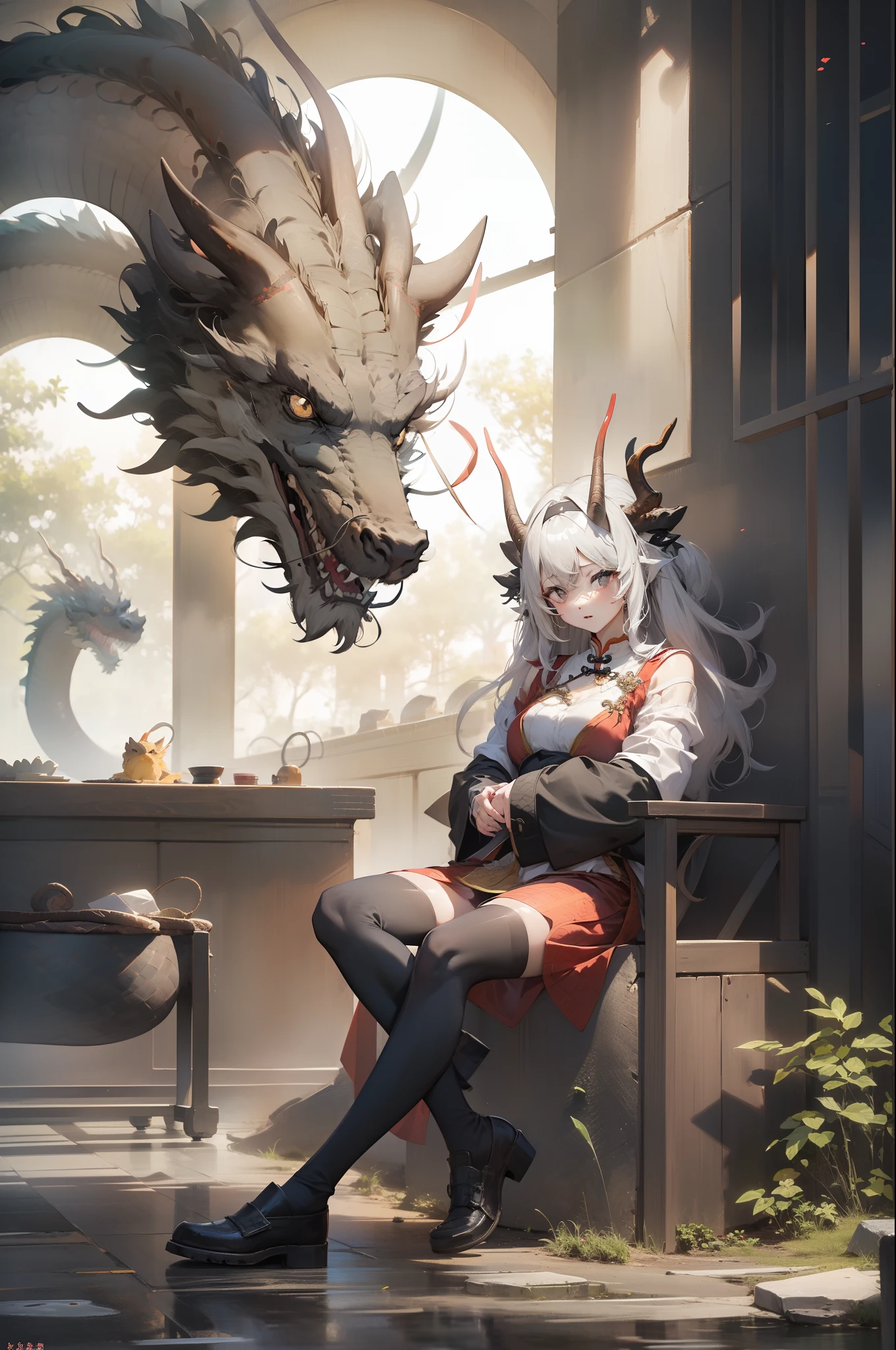 chinesedragon, eastern dragon, dragon, 1girl, long hair, cloud, black hair, sky, floating hair, solo, chinese clothes, wide sleeves, horns, long sleeves, looking at viewer, very long hair, black footwear