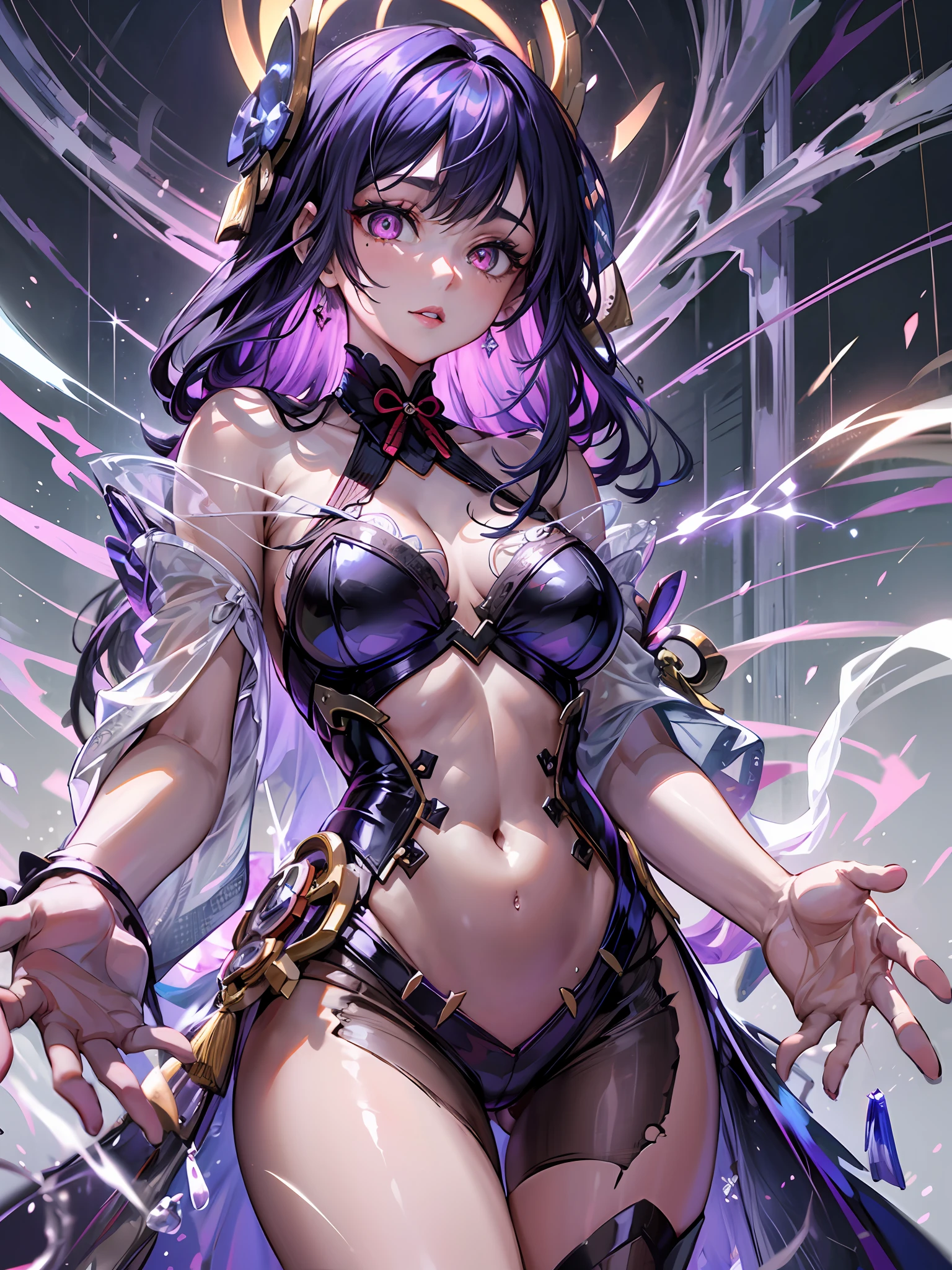{background((unholy pattern:repetitive pattern(intricate figurative abstract background):1.3), {cowboy shot:0.7})}, BREAK ((solo)(Raiden Shogun, original outfit)): { (shiny luster pale skin:0.8, sharp and soft face:0.8), {highlighter on pupils:0.3}, {slightly plump lips:0.7, white lips:1.2, dark lips:0.45, pale lipstick:0.8, natural make-up:0.6}, {{lovely}, natural charm, gentle charm, bewitching:0.35}, deprivation:1.2}, (dimly lit, low key), (watercolor:0.3, ethereal painting:0.8), (sweetly detailed), ((best quality)), lightning aura, purple glowing eyes, dark purple hair, herrscher_of_thunder,