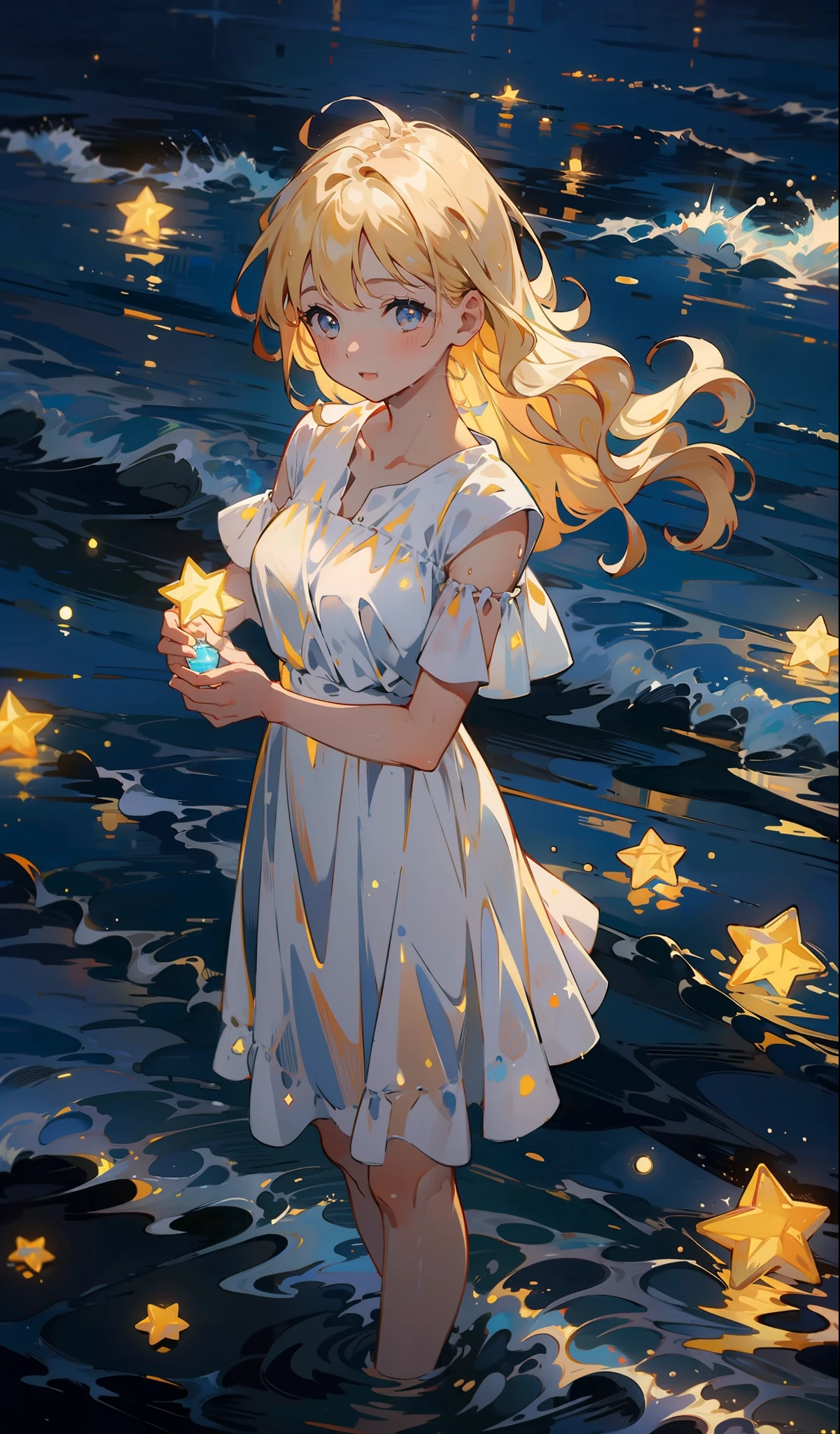 Stars, starlight, masterpiece, best quality, HDR. UHD.4K, 8K, 64K, Highly detailed, Ultra Fine Painting, Extreme Detail Depiction, Professional, Seaside, Light and Shadow, Bright Colors, 1 Girl, Volume Light, 1 Girl, Blonde, Medium Tits, Long Hair, Best Quality, Illustration, Beautiful Detailed Eyes, Pose, Wet White Dress, Starry Sky,