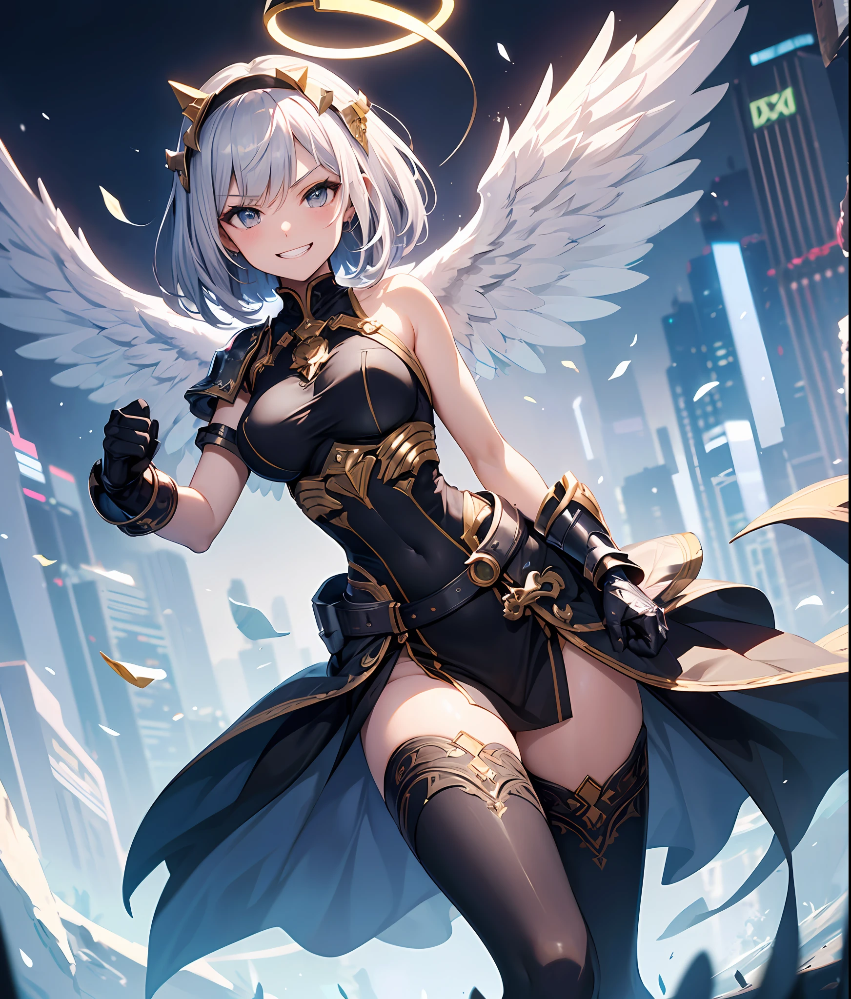 fantasy, 1angel_girl,child, loli,, medium_bob_hair, long_bangs, halo,bare_shoulder,thighhighs,silver_armor, waist_armor, large_breasts,angry,smile, grin,shiny_teeth,1pair_wings, dynamic_ pose_fighting,floating, bare_crotch, covered_nipples, covered_pussy,headgear,gauntlet, greaves, pelvic_curtain, city_sky_background,slightly_spread_legs, solo, groin_naked,(masterpiece, best quality, best quality, official art, beautiful and aesthetic:1.2), (1 girl), very detailed,