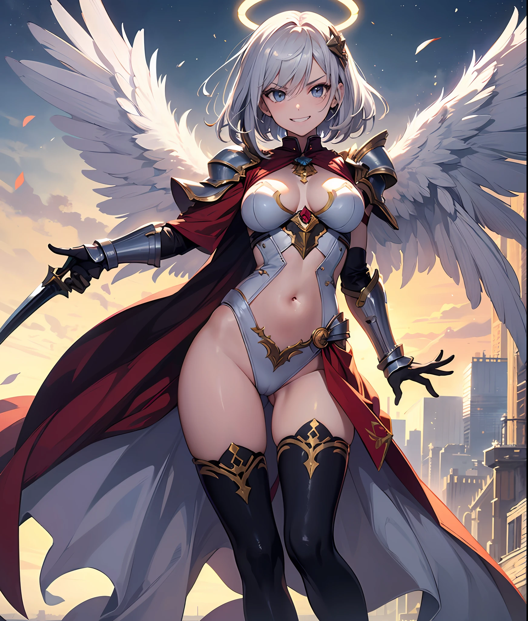 fantasy, 1angel_girl,child, ,, medium_bob_hair, long_bangs, halo,bare_shoulder,thighhighs,silver_armor, waist_armor, large_breasts,angry,smile, grin,shiny_teeth,1pair_wings, dynamic_ pose_fighting,floating, bare_crotch, covered_nipples, covered_pussy,headgear,gauntlet, greaves, pelvic_curtain, city_sky_background,slightly_spread_legs, solo, groin_naked,(masterpiece, best quality, best quality, official art, beautiful and aesthetic:1.2), (1 girl), very detailed,