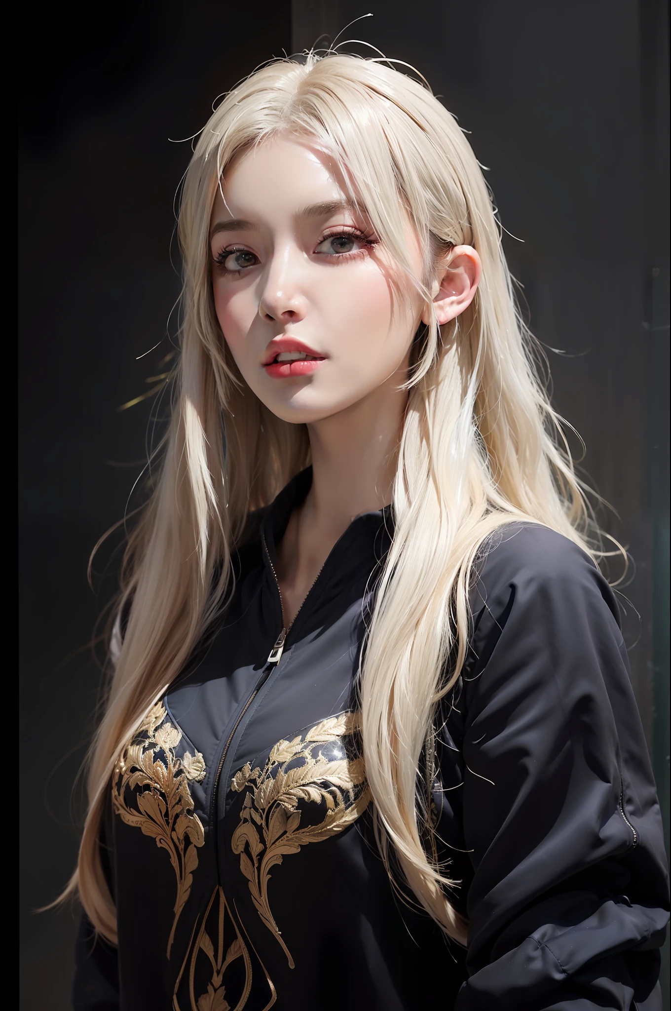 (front focus),(in the dark:1.6), Hyperrealist portrait of female by david hockney and alphonse mucha,fantasy art, photo realistic, dynamic lighting, artstation, poster, volumetric lighting, very detailed faces, 4 k, award winning,, 1girl, in the dark, deep shadow, low key,cowboy shot,(official clothing:1.4) ,long hair,white hair,