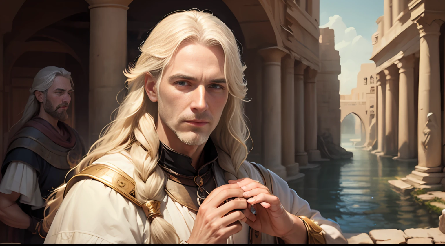 Gorgeous man with long blond hair, light medieval clothes, soft and angelic face, he has no beard, holding a quartz crystal in his hands, he is looking straight ahead, representing a wise and loving spiritual mentor. In the background the ancient city of Atlantis. Realistic, detailed. --auto