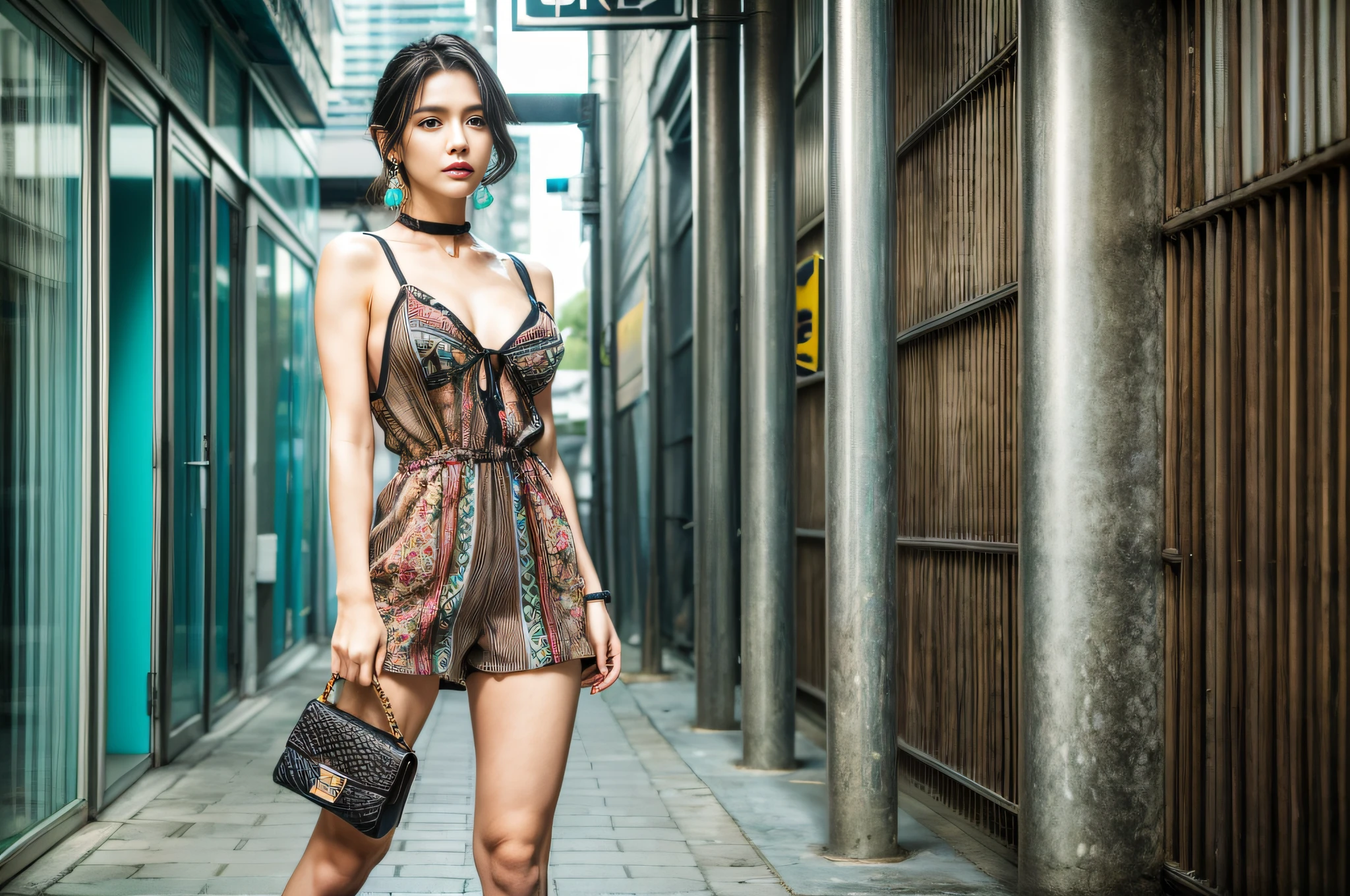 Photography Manipulation, sophisticated, Kahlo, graceful, Leading Lines, Vector, Anime, Particles, Queen, Tall, Toned, Square Face, Olive Skin, Black Hair, turquoise Eyes, Short Nose, Thick Lips, Round Chin, Shoulder-Length Hair, Thick Hair, Herringbone Braid, small breasts, Dangle earrings, rose, gloss lipstick, A printed romper with heeled mules and a crossbody bag