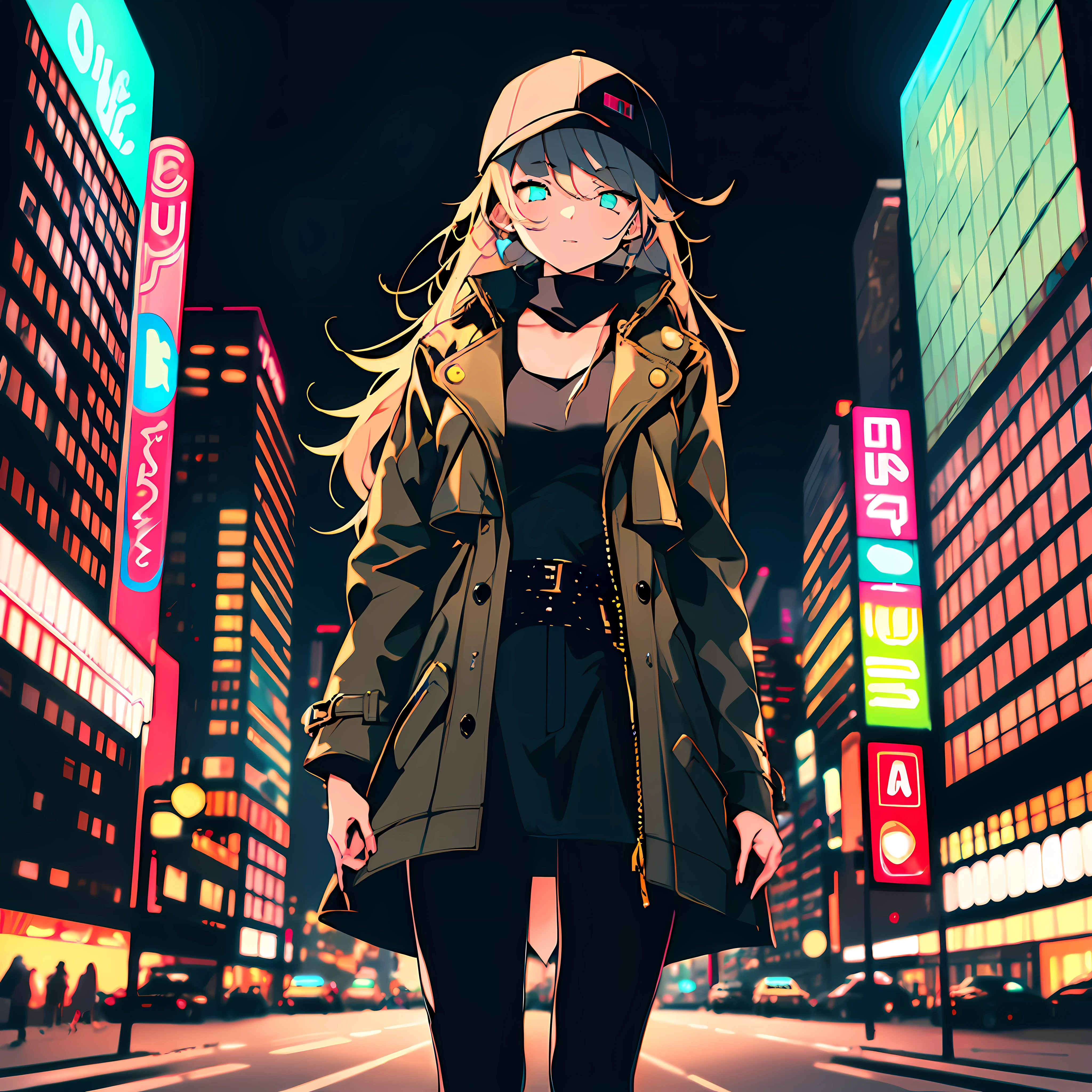Cool and edgy style, a girl standing on a city street, wearing a stylish leather jacket or trench coat, she has a determined and confident expression, the background consists of tall buildings and shimmering neon lights, creating a cool and fashionable atmosphere