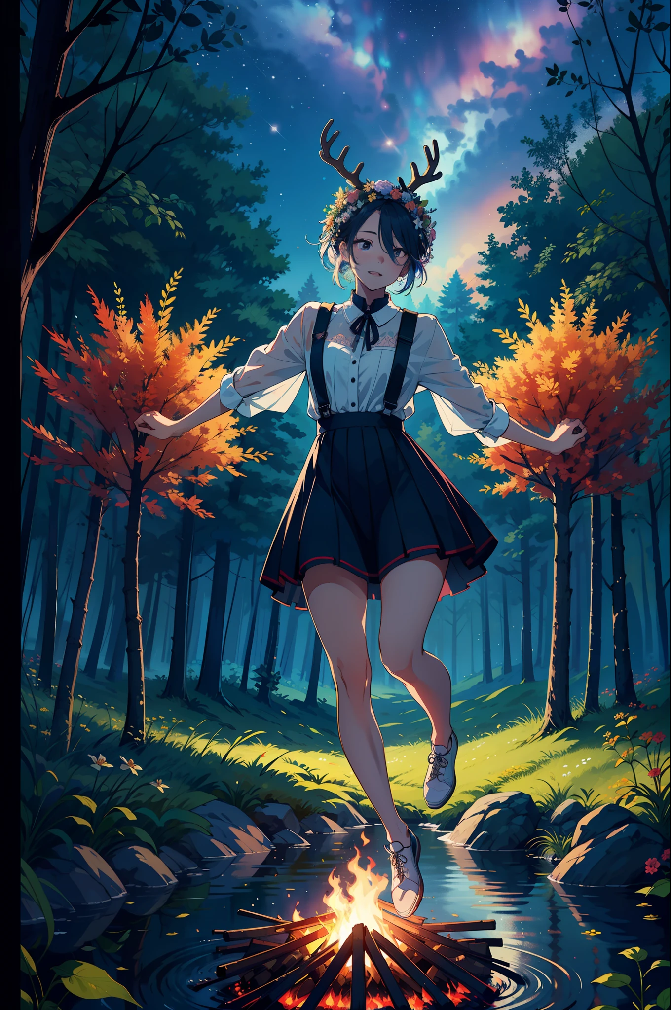 Masterpiece, high quality, guy and girl holding hands, Ukrainian symbols, Ukrainian national costumes, boho style, in a transparent, in the forest (((jumping over the fire fire))) neon garland, nights, neon lights, romance, happiness, love, lovers, holiday, plants, starry sky, galaxies, magic around them, magic, magic, flowers, fern, beautiful sunset, fun, flower arrangements, animals in the meadow, deer, wreaths of flowers on the head, river, forest, flower meadow, willow, willow trees, 8k, multicolored, full color pattern,