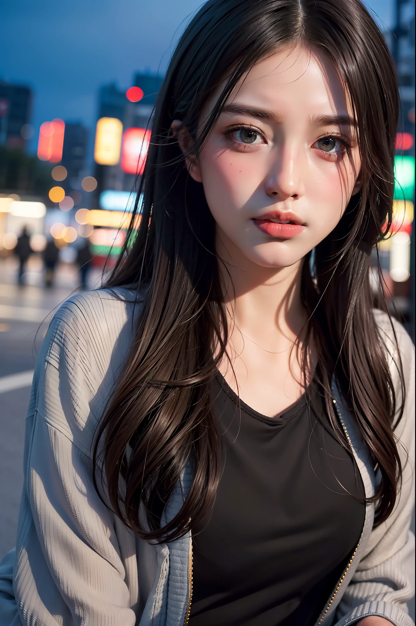 1girl, Tokyo street,night, cityscape,city lights, upper body,close-up, 8k, RAW photo, best quality, masterpiece,realistic, photo-realistic,