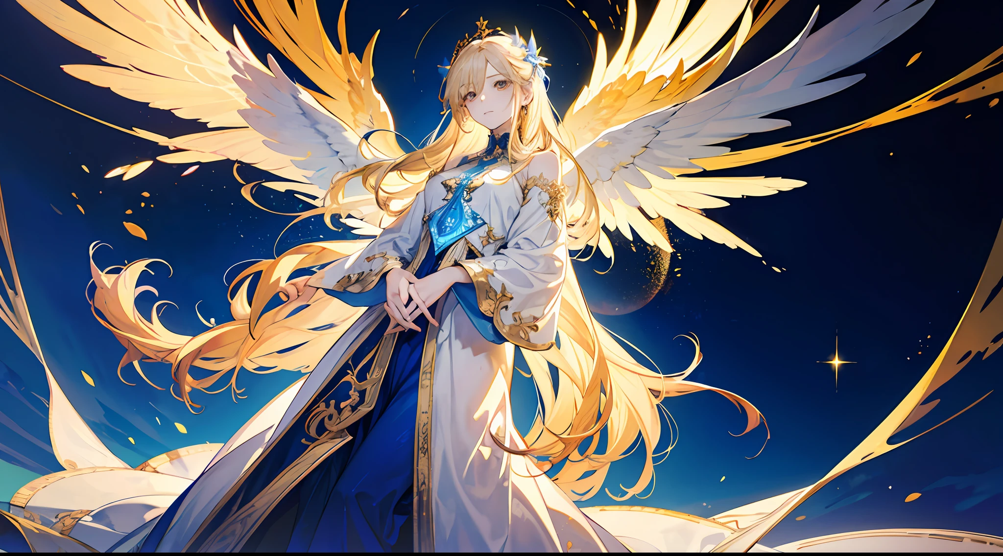 A little girl, beautiful, otherworldly, elegant, full body, long blonde hair, simple dress, white and blue long dress, closed eyes, extreme details, magic, golden streamer surrounding, angel coming, magic array, heavenly god, holy, (three pairs of huge wings), masterpiece, concept art, hands open