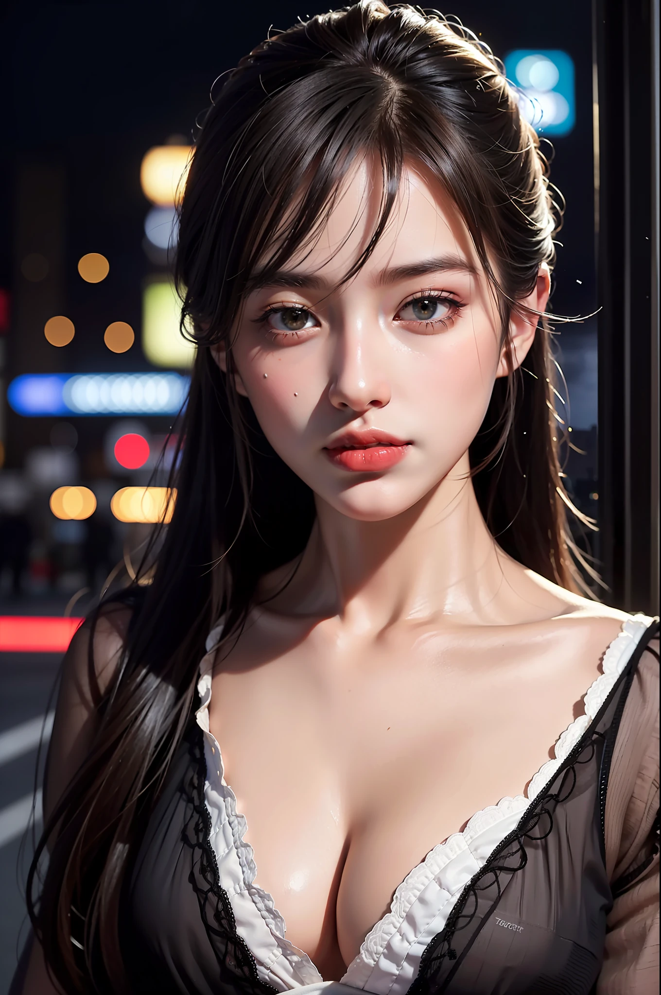 1girl, Tokyo street,night, cityscape,city lights, upper body,close-up, 8k, RAW photo, best quality, masterpiece,realistic, photo-realistic,