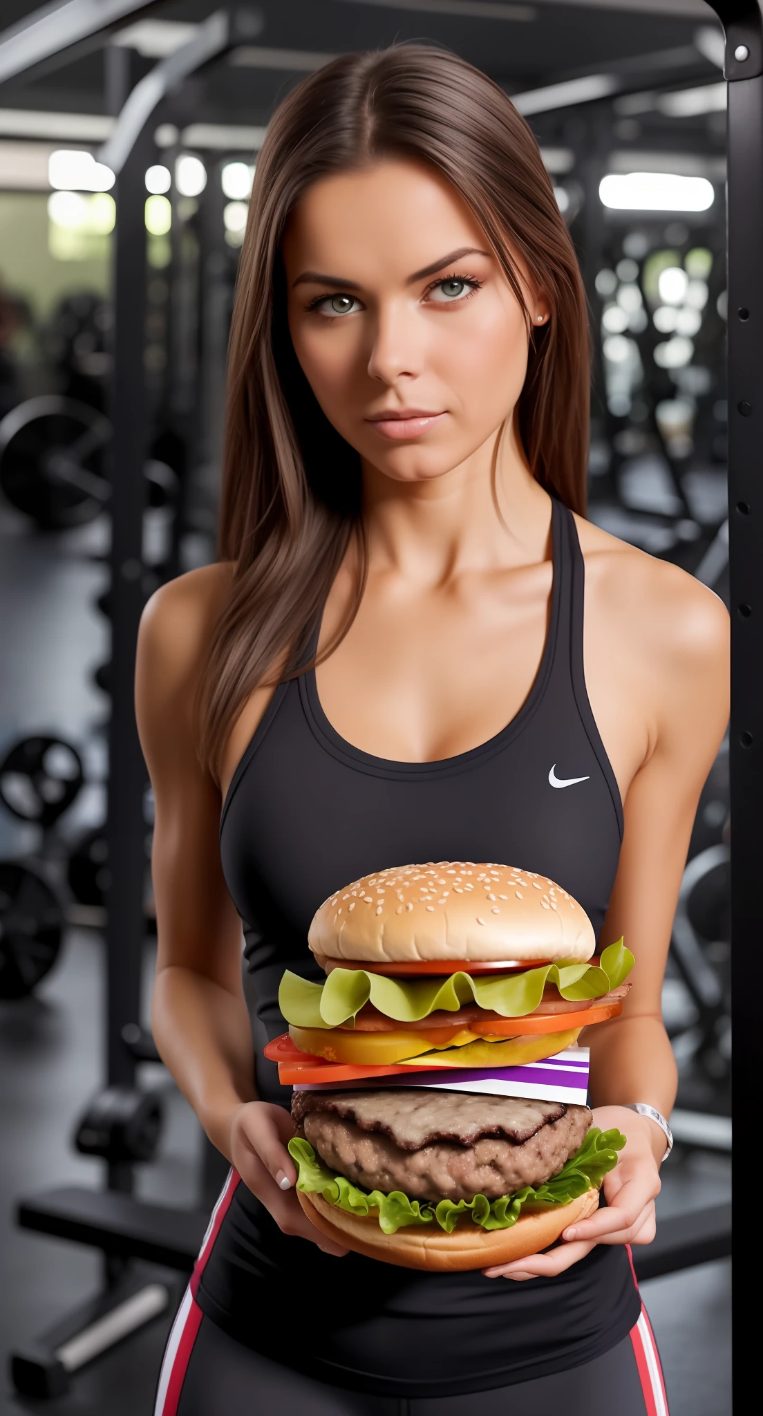 A sad woman with a burger in her hand, surrounded by candy and a tape measure on the side, while a blurry weight room is seen in the background. Realistic photo, 8k, incredible sharpness --auto