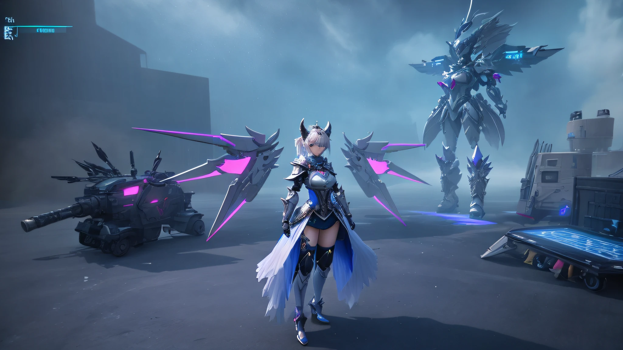 (Masterpiece) 3D It is a demon goddess standing in a room, sharp silver armor fuchsia skin from the video game Azur Lane, fuchsia skin under armor dressed in ethereal battle armor, sacred cyborg necromancer girl, mechanized Valkyrie girl, < MMORPGS scene, Ayaka Genshin Impact, PC screenshot, fuchsia skin under armor