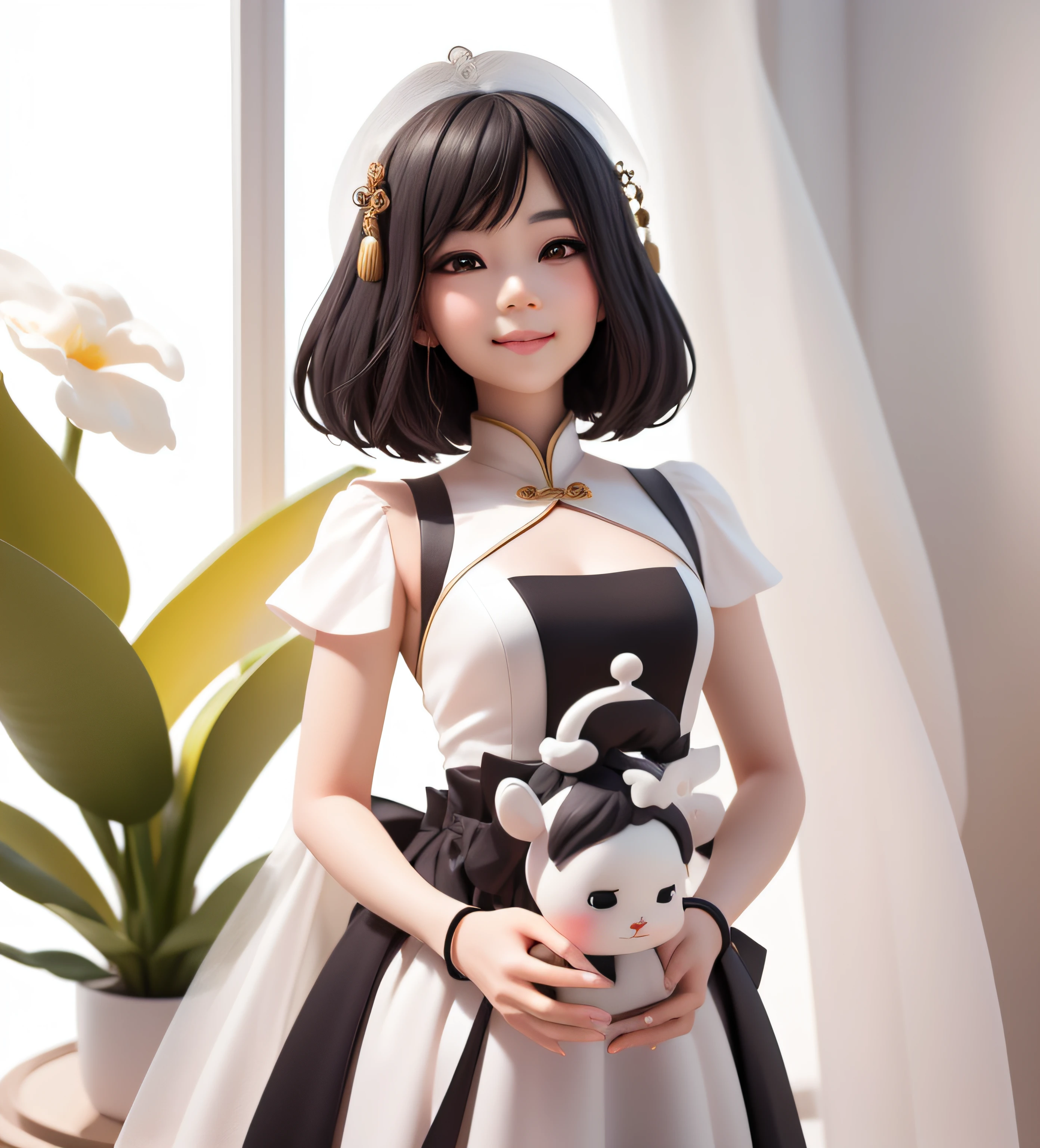 (Masterpiece), (Best Quality), (Ultra Detailed), (Full Body: 1.2), 2.5 Head-to-Body Ratio, Chibi, Cute, Morning Light, White Background, Front View, Bokeh, Supersaturated, Color Contrast: 1.1, Surreal, Digital Art, Art Station, 1 Girl, Smile, Short Black Hair, Black Eyes, Blush, Small, (Beautiful Detailed Face), Chen Xintong, Inspired by Cheng Jiasui, Inspired by Ma Yuanyu, with short hair, white wedding dress, white background, monochrome background, standing by the window, empty-handed,