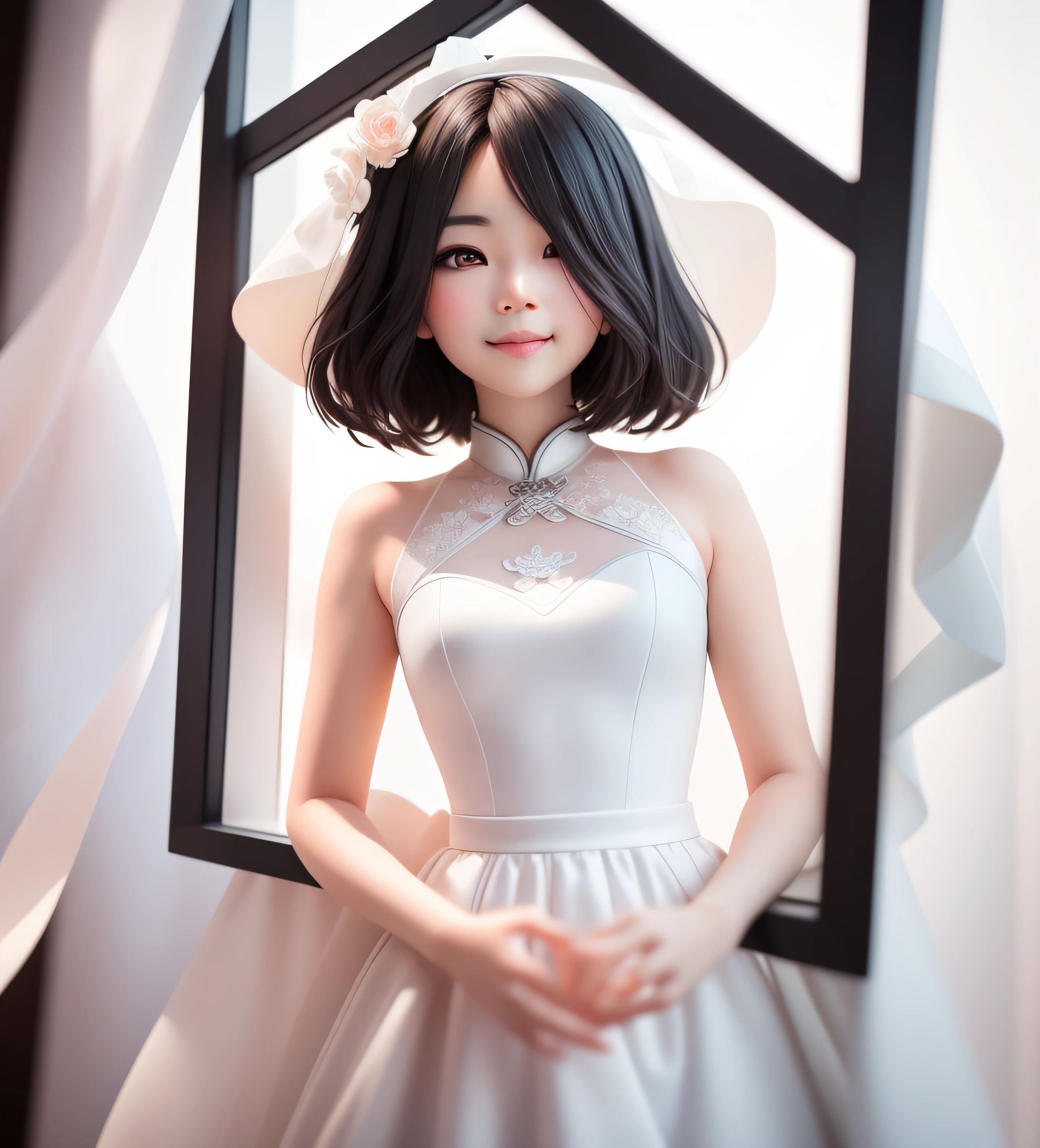 (Masterpiece), (Best Quality), (Ultra Detailed), (Full Body: 1.2), 2.5 Head-to-Body Ratio, Chibi, Cute, Morning Light, White Background, Front View, Bokeh, Supersaturated, Color Contrast: 1.1, Surreal, Digital Art, Art Station, 1 Girl, Smile, Short Black Hair, Black Eyes, Blush, Small, (Beautiful Detailed Face), Chen Xintong, Inspired by Cheng Jiasui, Inspired by Ma Yuanyu, with short hair, white wedding dress, white background, monochrome background, standing by the window, empty-handed,