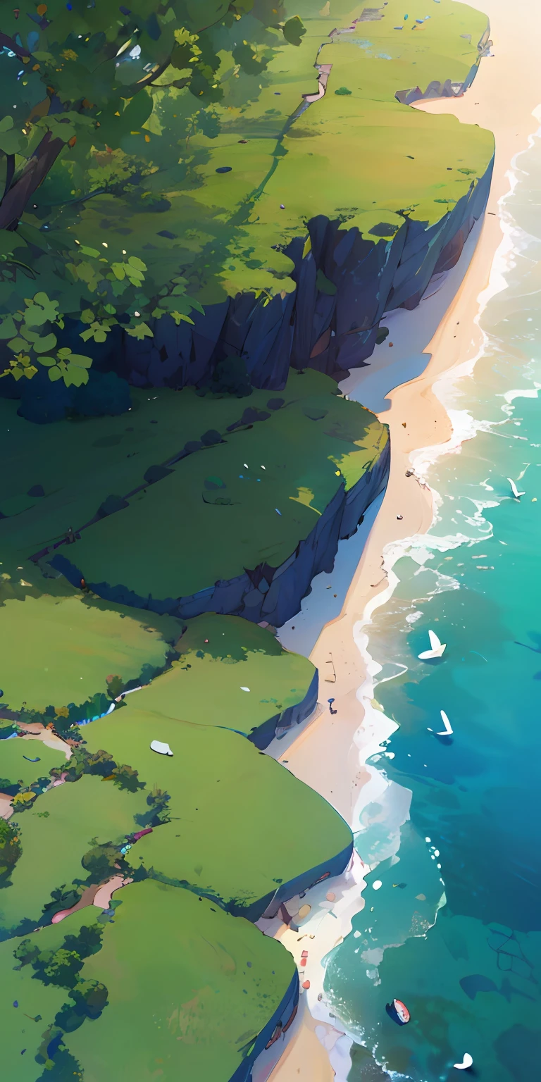 there is a painting of a beach with a lot of grass, krenz cushart and artem demura, inspired by Krenz Cushart, studio glibly makoto shinkai, krenz cushart and asher duran, ross tran. scenic background, anime landscape wallpaper, anime scenery concept art, atey ghailan 8 k, amazing wallpaper