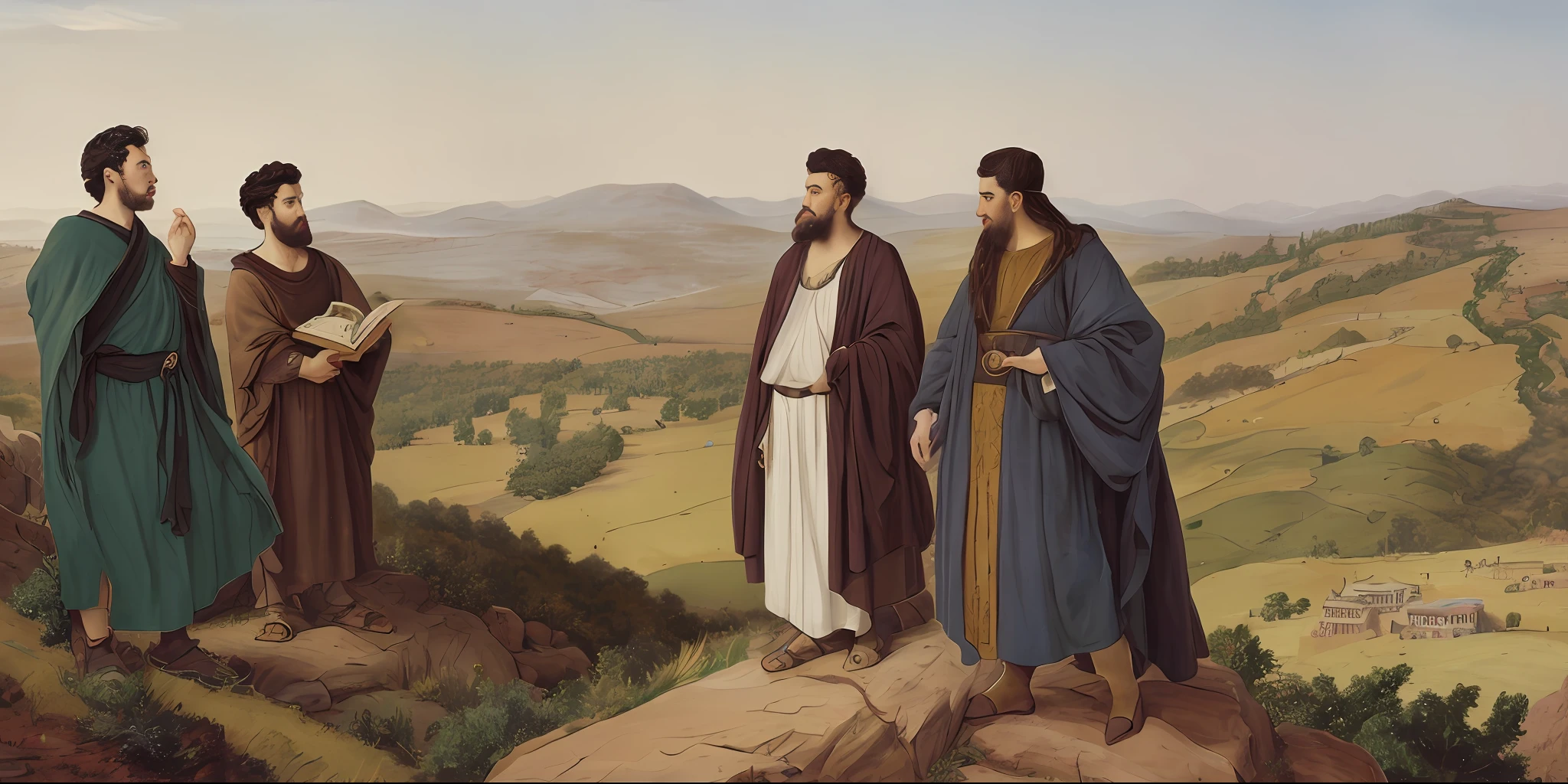 Biblical-style canvas painting of the twelve spies of Israel in hiding, observe the Land of Canaan from a hill in the time of Moses. Goliath painting, inspired by Carl Heinrich Bloch, inspired by Abraham Begeyn, by Wayne England, by Jason Benjamin, art inspired by Nicomachus of Thebes, by Jason Felix, bo bartlett.