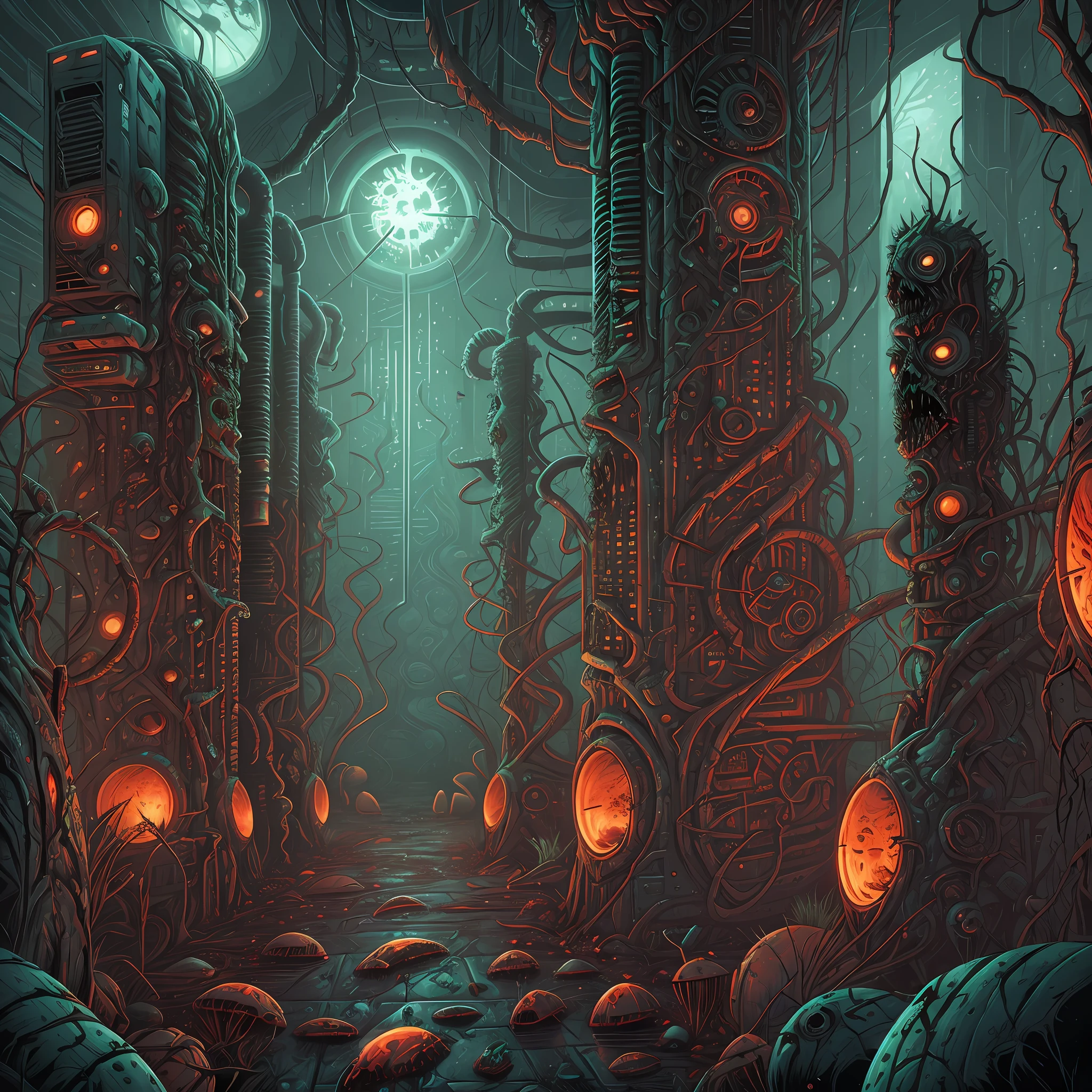 Biomorphic Data Center, rotting biomechanicals, zombies invasion, fear, panic, despair. Horror art, unreal engine, UHD, sketch color drawing. Illustration by Dan Seagrave