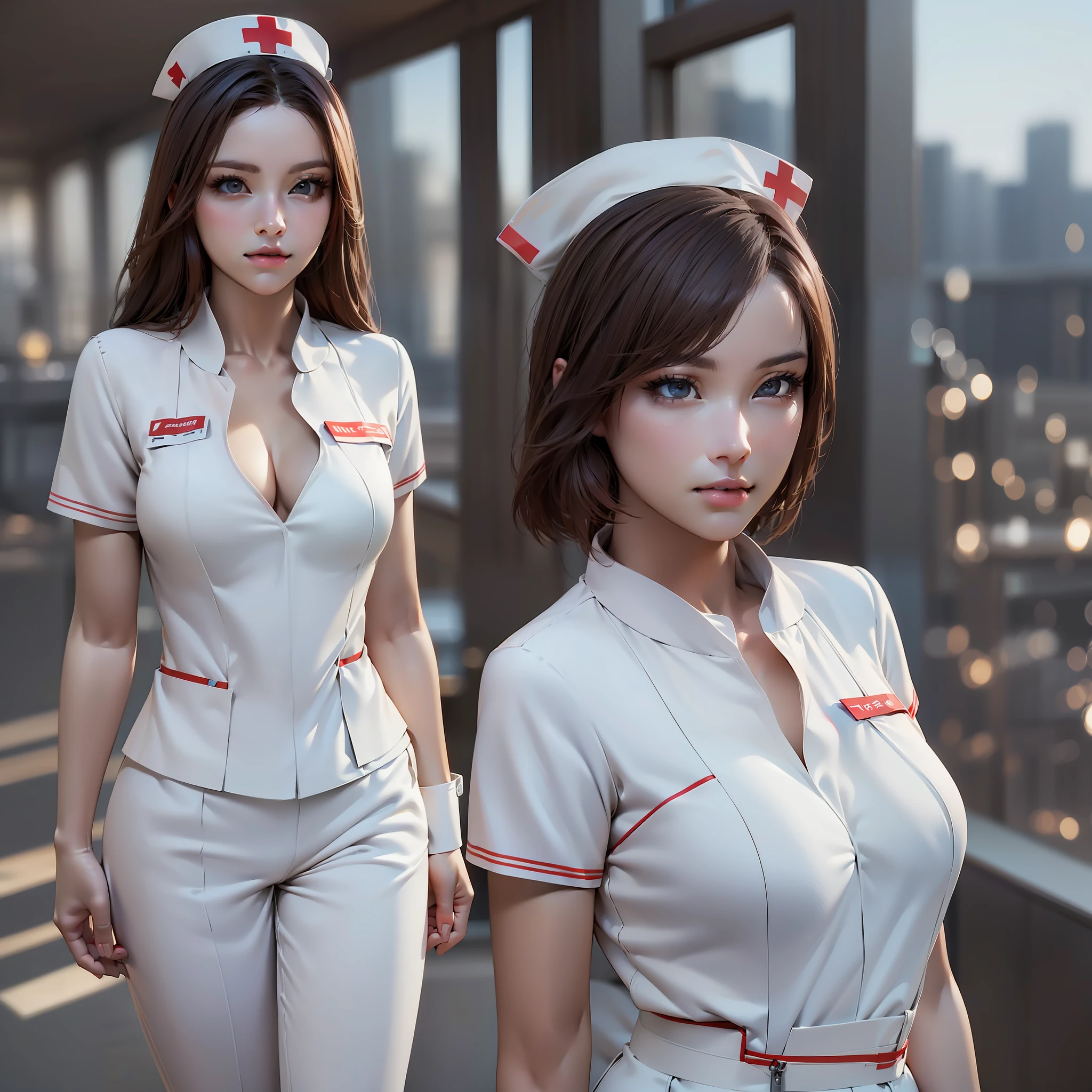 ((Realistic lighting, Best quality, 8K, Masterpiece: 1.3)), Clear focus: 1.2, 1 female nurse, Perfect body beauty: 1.4, Slim abs: 1.1, ((dark brown hair)), (White nurse suit: 1.4) (Outdoor), City view, Super fine face, Fine eyes, Double eyelids, Full body shot
