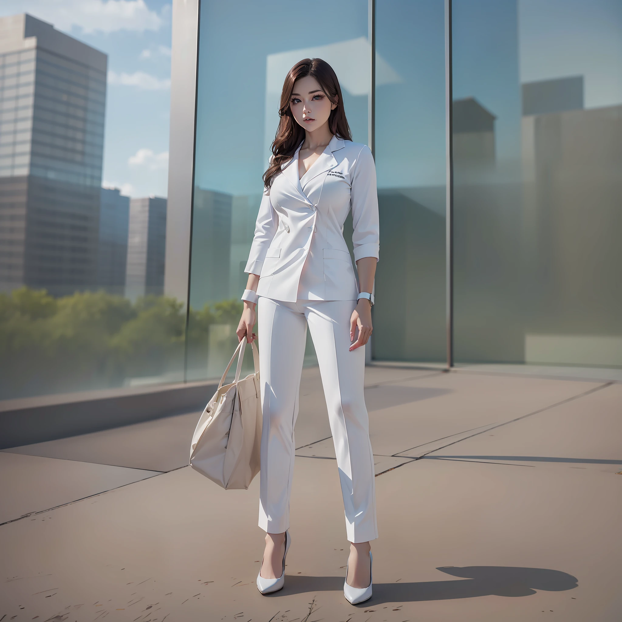 ((Realistic lighting, Best quality, 8K, Masterpiece: 1.3)), Clear focus: 1.2, 1 female nurse, Perfect body beauty: 1.4, Slim abs: 1.1, ((dark brown hair)), (White nurse suit: 1.4) (Outdoor), City view, Super fine face, Fine eyes, Double eyelids, Full body shot