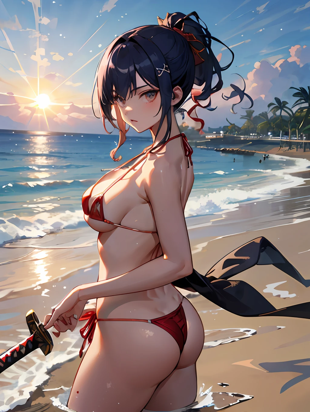 master-piece,hyper quality, hyper detailed,perfect drawing,Solo, Beautiful Girl, Samurai wielding a sword, Black Ponytail, Hair tied up with a large red ribbon, Equipped with two Japan swords (((micro bikini)), round buttocks, bulging bust top, sea bathing, white sand, beautiful landscape, sun rays, natural light, obliquely down from the front,,mechanical arms