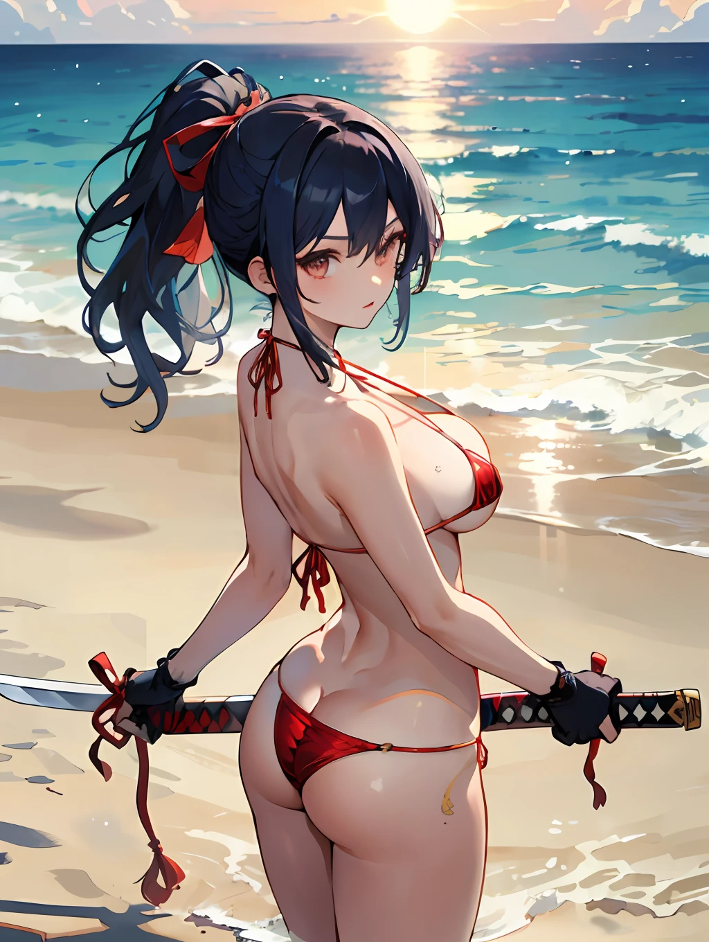 master-piece,hyper quality, hyper detailed,perfect drawing,Solo, Beautiful Girl, Samurai wielding a sword, Black Ponytail, Hair tied up with a large red ribbon, Equipped with two Japan swords (((micro bikini)), round buttocks, bulging bust top, sea bathing, white sand, beautiful landscape, sun rays, natural light, obliquely down from the front,,mechanical arms