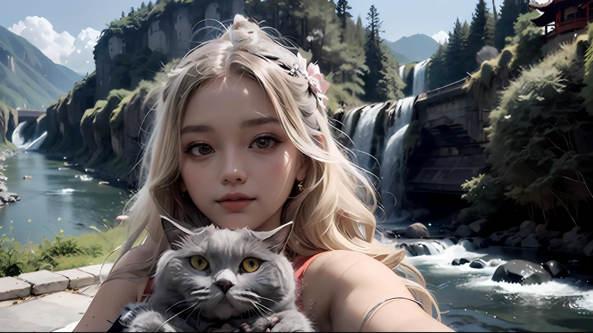 photorealistic, (masterpiece), (best quality),   1girl, long hair, blonde hair, (zhaojun:1), (holding cat),  (Chartreux),  narrow waist, hair ornament, landscape, Chinese Architecture, east asian architecture, mountain, river, waterfall, portrait,
POV, looking at viewer,ulzzang-6500:0.7,