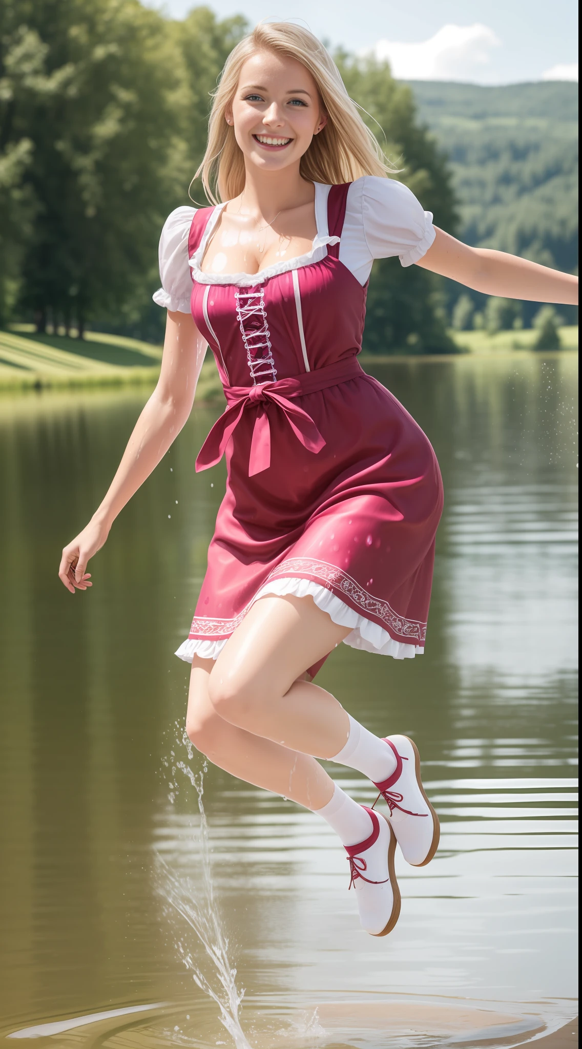 German woman 22 years old, blond, smiling, wearing a magenta Dirndl, jumping into a lake, white socks, ((soaked dirndl))