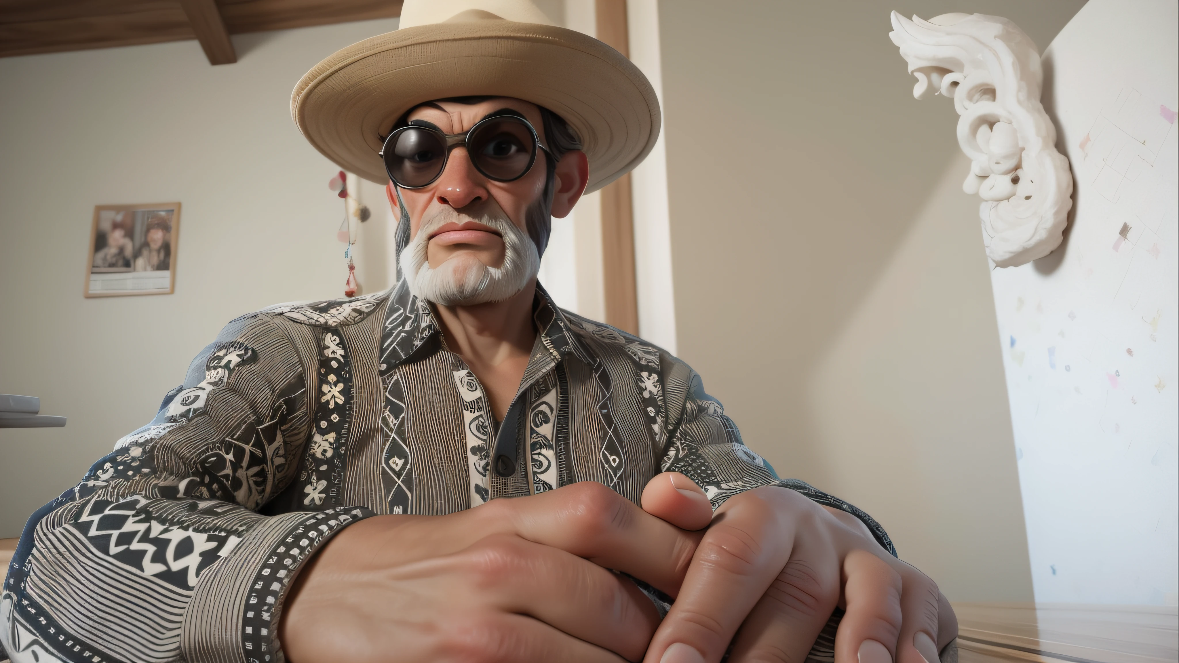 Cartoon, pixar, [[[whole body]]] Lord of approximately 65 years [[[gray hair]]], [[[Whitebeard]]]Afro descendant, [[[dark brunette]]], [[[straw hat on head]]], [[[sunglasses]]], masterpiece, best quality, 3d rending work, 3DMM style, close-up, portrait, 3D, realistic, upper body, radio studio background, looking away, light brown eyes, white beard, fleshy lips, [[striped shirt]]].