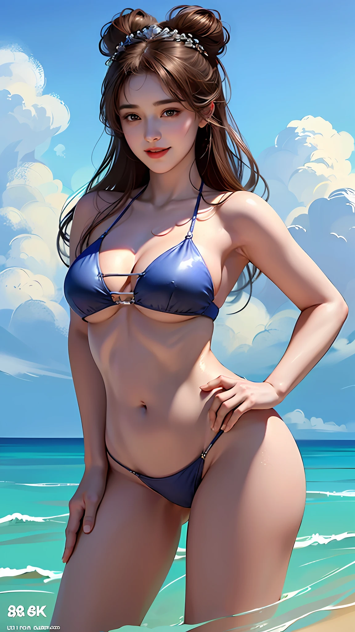 ((Best Quality, 8k, Best Picture Quality, Ultra High Definition)), Beauty, 18 Years Old, Solo, ((Big: 1.7)), (Baby Face, Closed Mouth)), ((Full Body)), Gentle Smile, A Little Chubby, Small Hips, Ultra High Detail and Beautiful Skin, Fair Skin, Brown Hair, Sandy Beach, Blue Sky, Sexy Bikini, Ultra Detailed and Beautiful Face