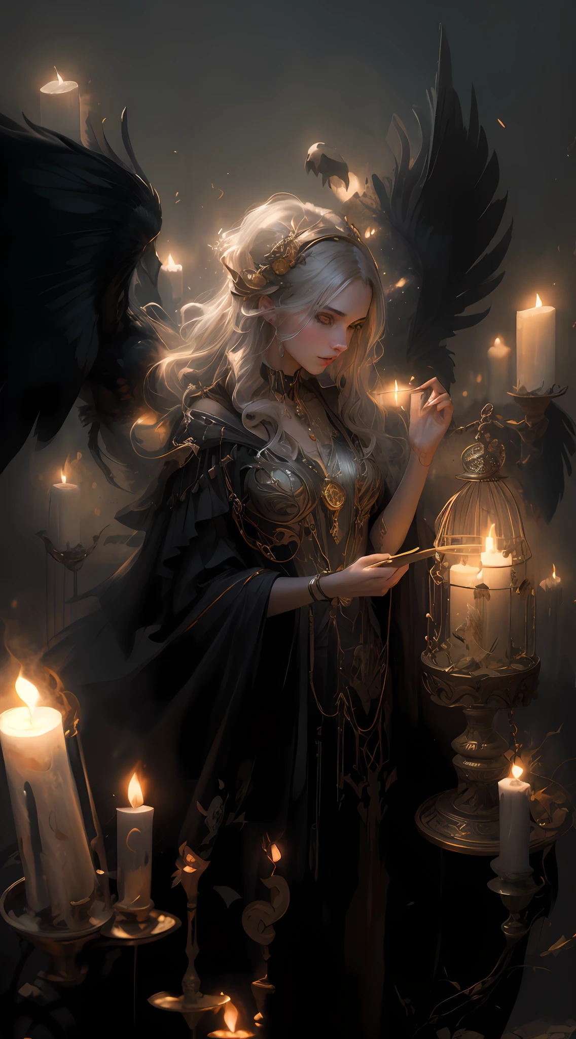 there is a woman with a bird cage and candles in the dark, inspired by Yoann Lossel, by Yang J, dark fantasy style art, by Cynthia Sheppard, fantasy dark art, neoartcore and charlie bowater, by WLOP, magical realism and dark fantasy, fantasy art behance, inspired by WLOP, in style of dark fantasy art