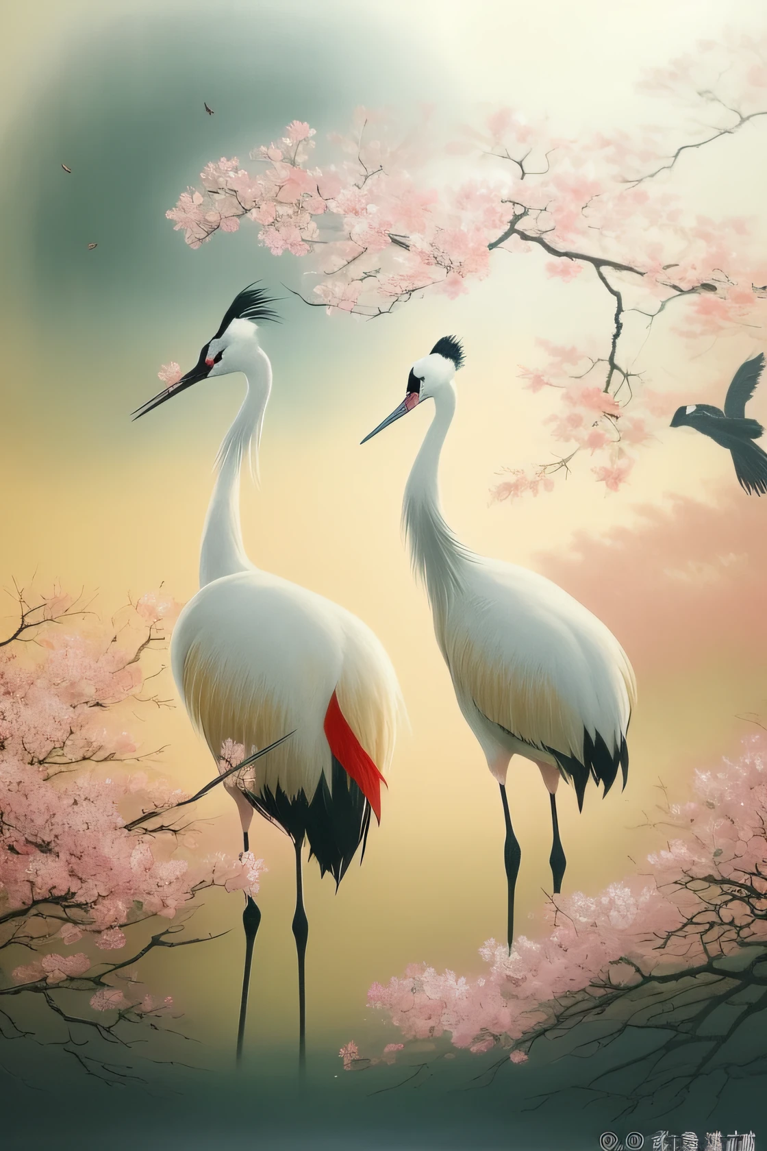 painting of two cranes standing in a field with pink flowers, japanese crane bird in center, cranes, beautiful and graceful, inspired by Ohara Koson, inspired by Koson Ohara, beautiful nature, beautiful painting of a tall, beautiful and elegant, by Koson Ohara, by Wu Zhen, beautiful art, very beautiful photo, detailed beautiful animals