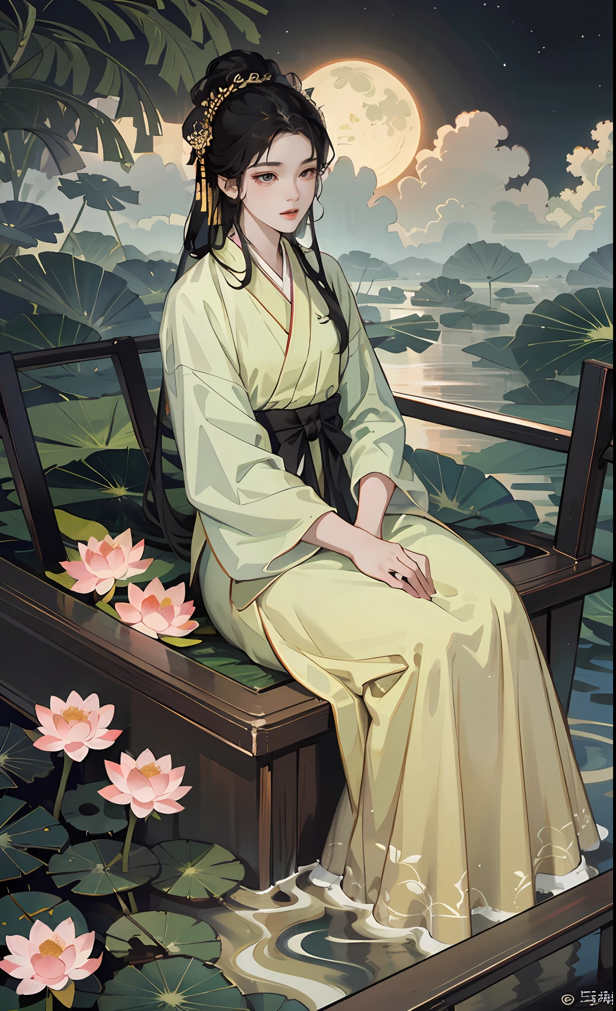 一个女孩, 中国古代服装, 全身, 阳光, 清晰的脸, 干净的白色背景, 杰作, 超级细节, 史诗般的构图, 超高清, 高质量, 极其详细, 官方艺术, 制服 8k 壁纸, 超级细节, 32k,Masterpiece, Best Quality, Official Art, 8k Wallpaper, Very Detailed, Illustration, Dark Tones, Dark Night, Lotus Leaf, Lotus Flower, Little Moon, Little Attic, (1 Girl, Spread Hanfu Long Dress, Sitting on a Small Boat, Drunken Expression, Black Hair, Long Hair, Detailed Eyes), BREAK, (Background: River Covered with Lotus Leaves, Lots of Lotus Leaves: 1.3, Lots of Withering Lotus Flowers: 1.3, Clouds in Black Sky), Lots of Lotus Leaves, Lots of Lotus Flowers, Withering Lotus Flowers