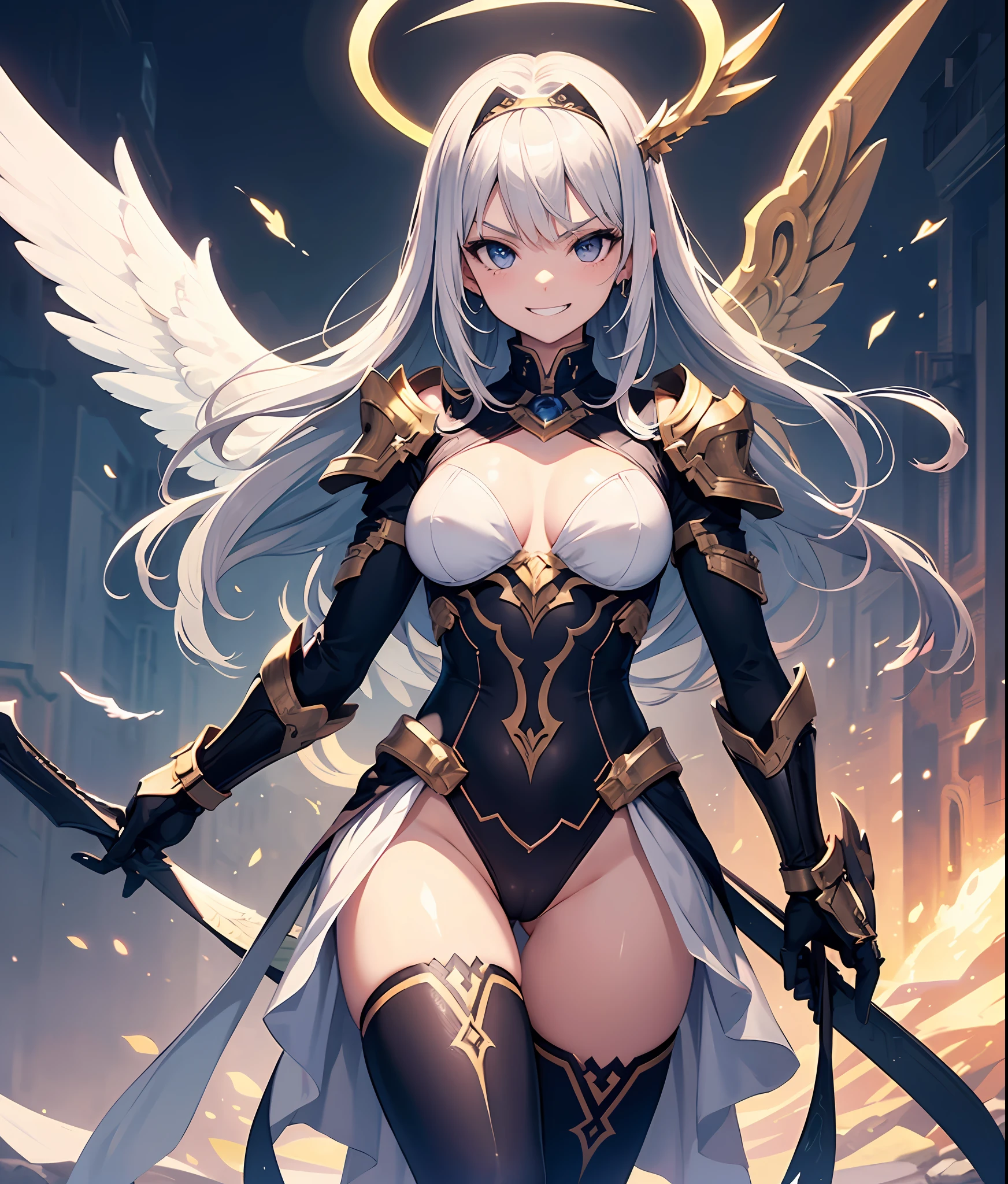 fantasy, 1angel_girl, loli,dk_color_hair, medium_bob_hair, long_bangs, halo,bare_shoulder,thighhighs,silver_armor, waist_armor, large_breasts,angry,smile, grin,shiny_teeth,1pair_wings, dynamic_ pose_fighting,floating, bare_crotch, covered_nipples, covered_pussy,headgear,gauntlet, greaves, pelvic_curtain, city_sky_background,slightly_spread_legs, solo, groin_naked,(masterpiece, best quality, best quality, official art, beautiful and aesthetic:1.2), (1 girl), very detailed,