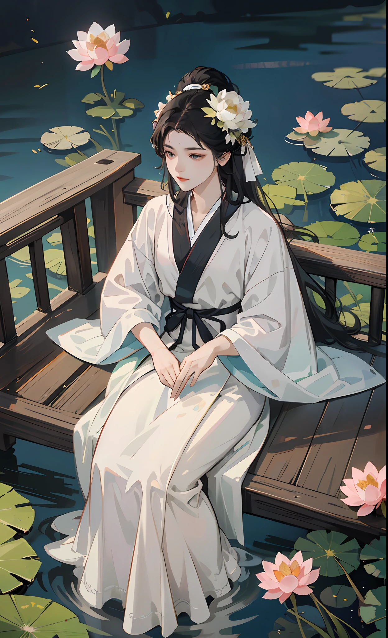 一个女孩， 中国古代服装， 全身， 阳光， 清晰的脸， 干净的白色背景， 杰作， 超级细节， 史诗般的构图， 超高清， 高质量， 极其详细， 官方艺术， 制服 8k 壁纸， 超级细节， 32k，Masterpiece, Best Quality, Official Art, 8k Wallpaper, Very Detailed, Illustration, Dark Tones, Dark Night, Lotus Leaf, Lotus Flower, Little Moon, Little Attic, (1 Girl, Spread Hanfu Long Dress, Sitting on a Small Boat, Drunken Expression, Black Hair, Long Hair, Detailed Eyes), BREAK, (Background: River Covered with Lotus Leaves, Lots of Lotus Leaves: 1.3, Lots of Withering Lotus Flowers: 1.3, Clouds in Black Sky), Lots of Lotus Leaves, Lots of Lotus Flowers, Withering Lotus Flowers