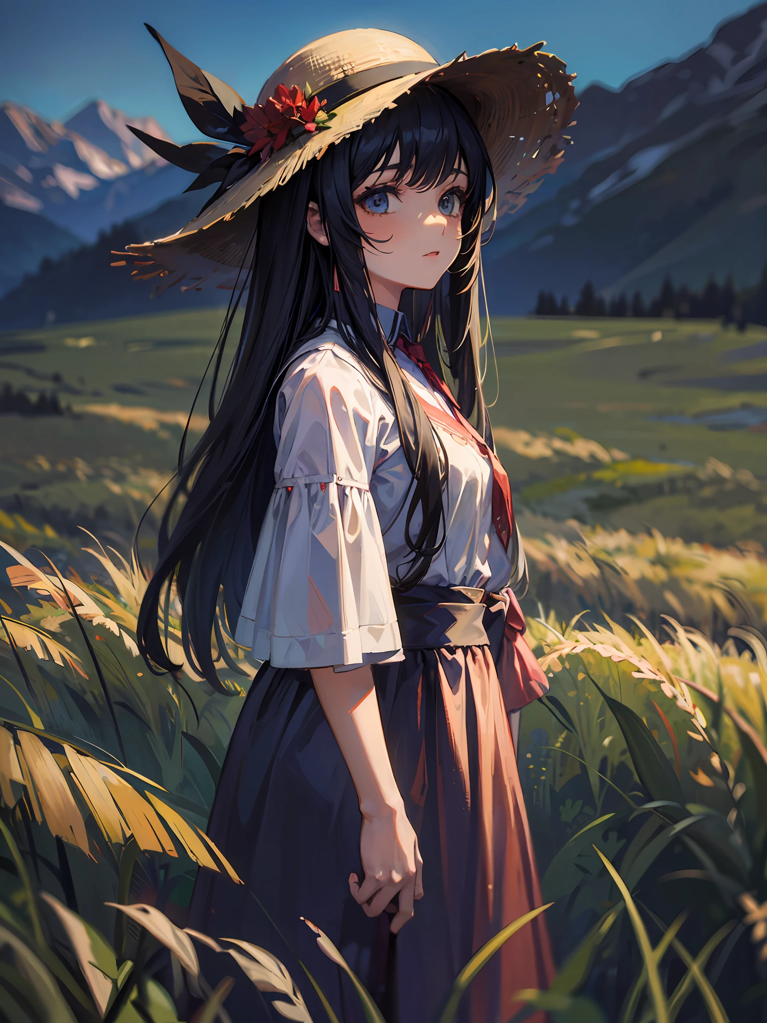 an oil painting of a feminine person in a field, standing near tall grass, 1girl, hat, solo, long hair