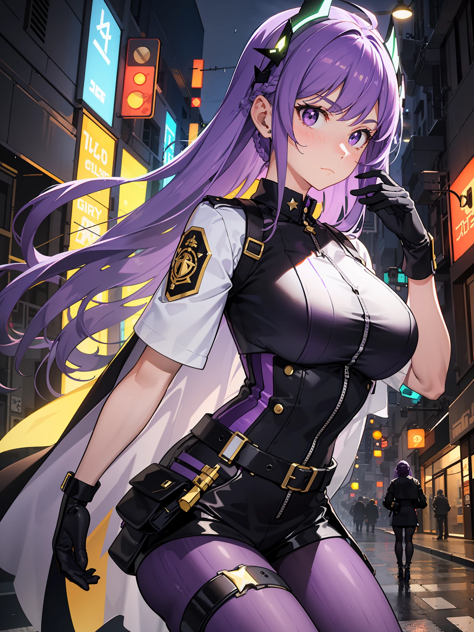 complex anime 3d render ultra detailed, (((masterpiece))), (((best quality))), ((ultra-detailed)),(3D Cartoon rendering),(from side),cinematic light,((single mechanical girl,alone)),({best quality}),(Ultra Fine),(full detail),delicate youthful face,well_developed curves,hourglass_figure,perspective,beautiful_face,high_quality_outfits,futuristic_outfits,silght_blush,full_body,full detail face,protective outfits,Honkai_Star_Rail,anatomical,Ray Tracing,Isomeric_view,;
(purple hair with dark purple syreaks:1.5),indigo hair tips,two strand of deep violet hair framing face,violet ahoge, (waist-length flowy hair sorted into two parts on back),(one sharp triangle-shaped white mechanic head ornament at left side,tilting inwards);(glowingreflective amber to yellow gradient eyes:1.9, cross pupil),yellow goggle on headwear,golden hexagon necklace
Futuristic dress outfit,mechanic gadgets,elegant and modest outfits,black collar,black long slender sleeves,white short cape on back,black arm bracers,white bracelets,black gloves,white vest,white tanktop with violet lines,black mechanic corset with a pair of golden buttons,golden square badge on breast,violet zipper,violet traces, violet gadget holster attached to waists,white waist pack,violet waistband,(white scifi armor skirts,knee-length asymmeric segmented hems),(black streamline plain tassets),violet knee-length dress,black shorts,(black and violet pantyhose),golden mechanic gartener belt around left leg,silver waistband with gadget holsters,knee bracers;silver mechanic boots,heeled boots;
calm expression,brooding,stretching hands,standing,looking forwards
Night,alone in streets of neon-lit scifi city in background,in burstling streets,raining weather,silpery streets,silghtly raining,tyndall effect,standing on pavement