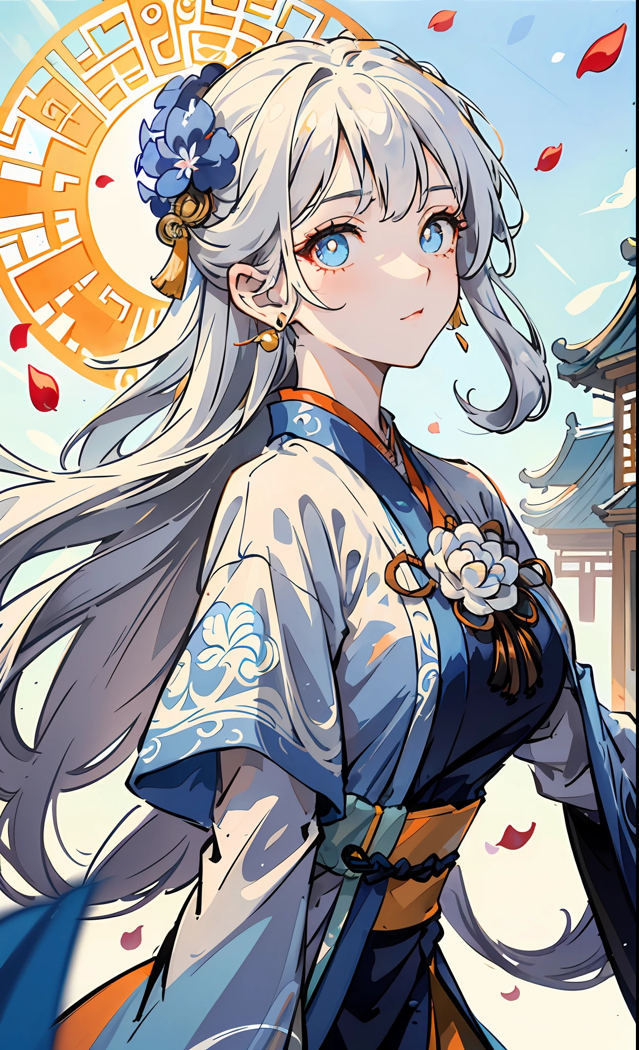 Mature girl, orange pupils, blue-white hair color, floating hair, delicate and flexible eyes, intricate damask Hanfu, gorgeous accessories, wearing pearl earrings, fov, f/1.8, masterpiece, ancient Chinese architecture, blue sky, flower petals flying, front portrait shot, Chang'e, side light, sunlight shining on people, 8K