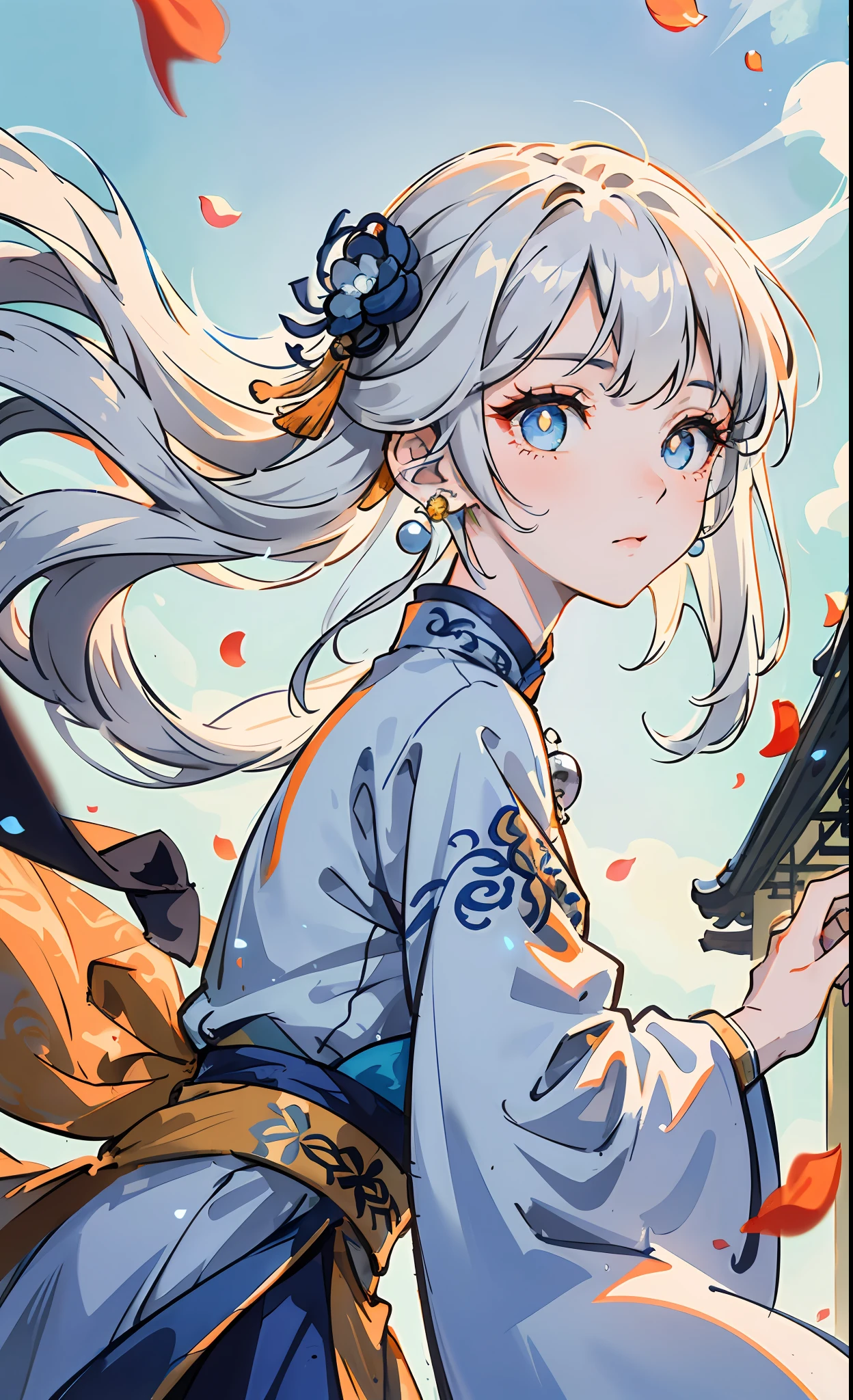 Mature girl, orange pupils, blue-white hair color, floating hair, delicate and flexible eyes, intricate damask Hanfu, gorgeous accessories, wearing pearl earrings, fov, f/1.8, masterpiece, ancient Chinese architecture, blue sky, flower petals flying, front portrait shot, Chang'e, side light, sunlight shining on people, 8K