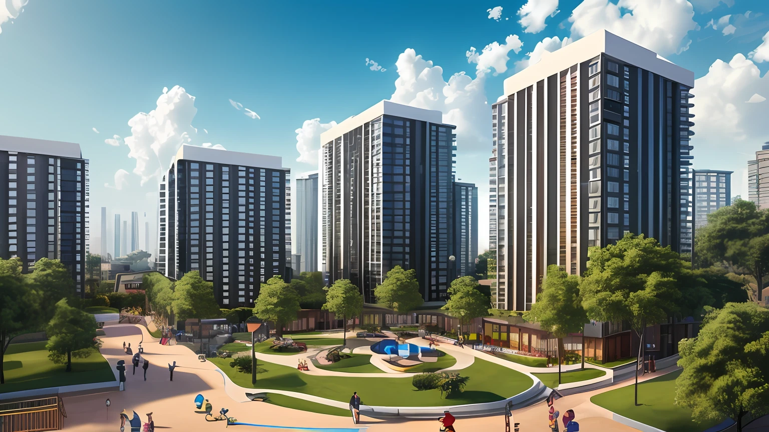 Create a condominium with 4 buildings with contemporary architecture, playground with happy children, during the afternoon, realistic details, high contrast, isometric aerial view, condominium entrance, cloud, high definition detail, realism, families walking on the sidewalk.