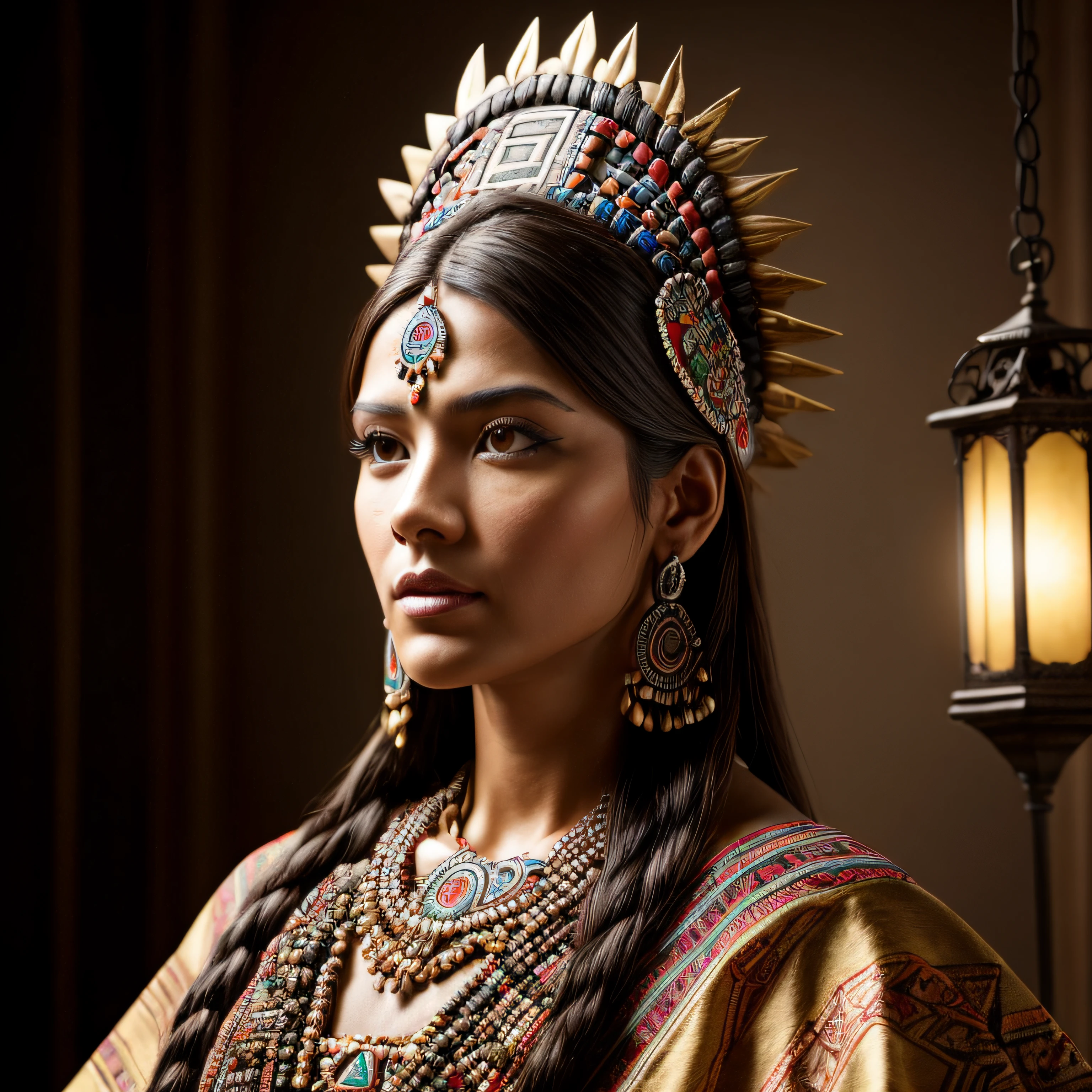 a photorealistic, 8k, HD cinematography showcasing an Aztec woman in an epic composition. Drawing inspiration from the rich Aztec culture, this visual masterpiece utilizes Unreal Engine to bring the scene to life. The cinematography captures the beauty of the Aztec woman in stunning detail, with ultra-high resolution and lifelike textures. The scene is carefully composed, emphasizing the intricate elements of Aztec art and design. The Aztec woman is adorned in traditional attire, featuring vibrant colors and intricate patterns that reflect the culture's deep symbolism. The camera angles and depth of field create a sense of depth and immersion, allowing viewers to appreciate every aspect of the woman's appearance. The lighting is meticulously crafted, combining natural lighting and studio techniques to enhance the Aztec woman's features. Soft lighting and volumetric effects add a touch of ethereal beauty, while carefully placed accent lighting accentuates her unique characteristics. Global illumination techniques, including screen space and ray tracing reflections, bring a sense of realism to the scene. The environment is enriched with Aztec-inspired props and settings, creating a visually captivating world. The attention to detail is remarkable, with hyper-detailed elements that showcase the intricate craftsmanship of the Aztec culture. The composition is beautifully color graded, enhancing the overall cinematic experience and adding a touch of artistic flair. The final result is a hyper-realistic portrayal of an Aztec woman, capturing the essence of her heritage and captivating viewers with its stunning visual quality. The composition is presented in 8k resolution, ensuring every nuance and detail is displayed in mesmerizing clarity, creating a truly immersive experience for the audience.