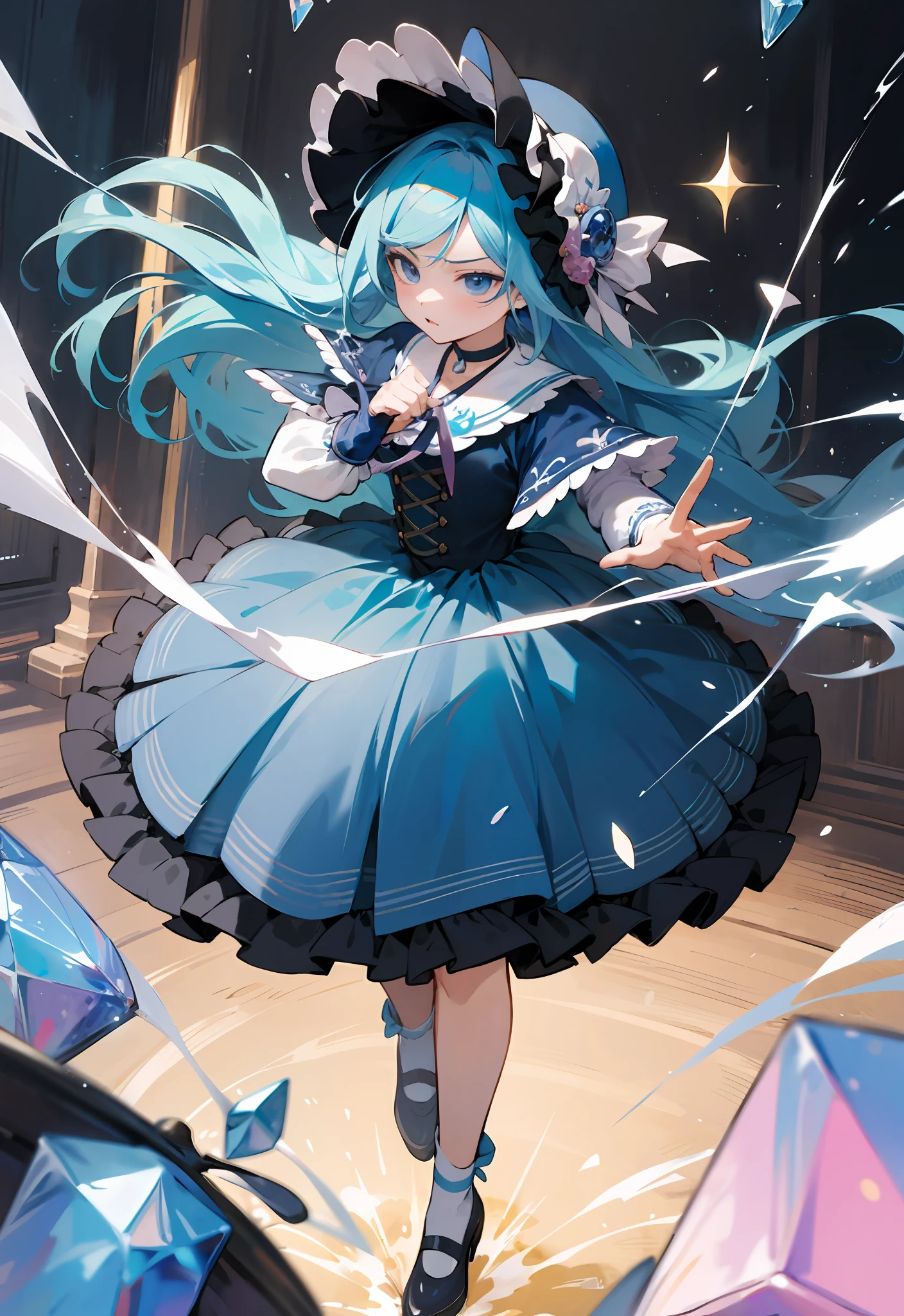 (masterpiece, best quality, illustration), 1 little girl, face focus, long blue hair, half updo, expressionless face, glaring, (long navy blue Lolita style dress), (ribbon decoration on dress), bonnet hat, full body, (fighting motion pose), crystal flower on bonnet, loli, (capelet), (choker), (intricate ornament), (Magical Girl), (magical girl costume), detail, (sparkling wand: 1.3), (magic effect: 1.3), (flowing dress: 1.2)