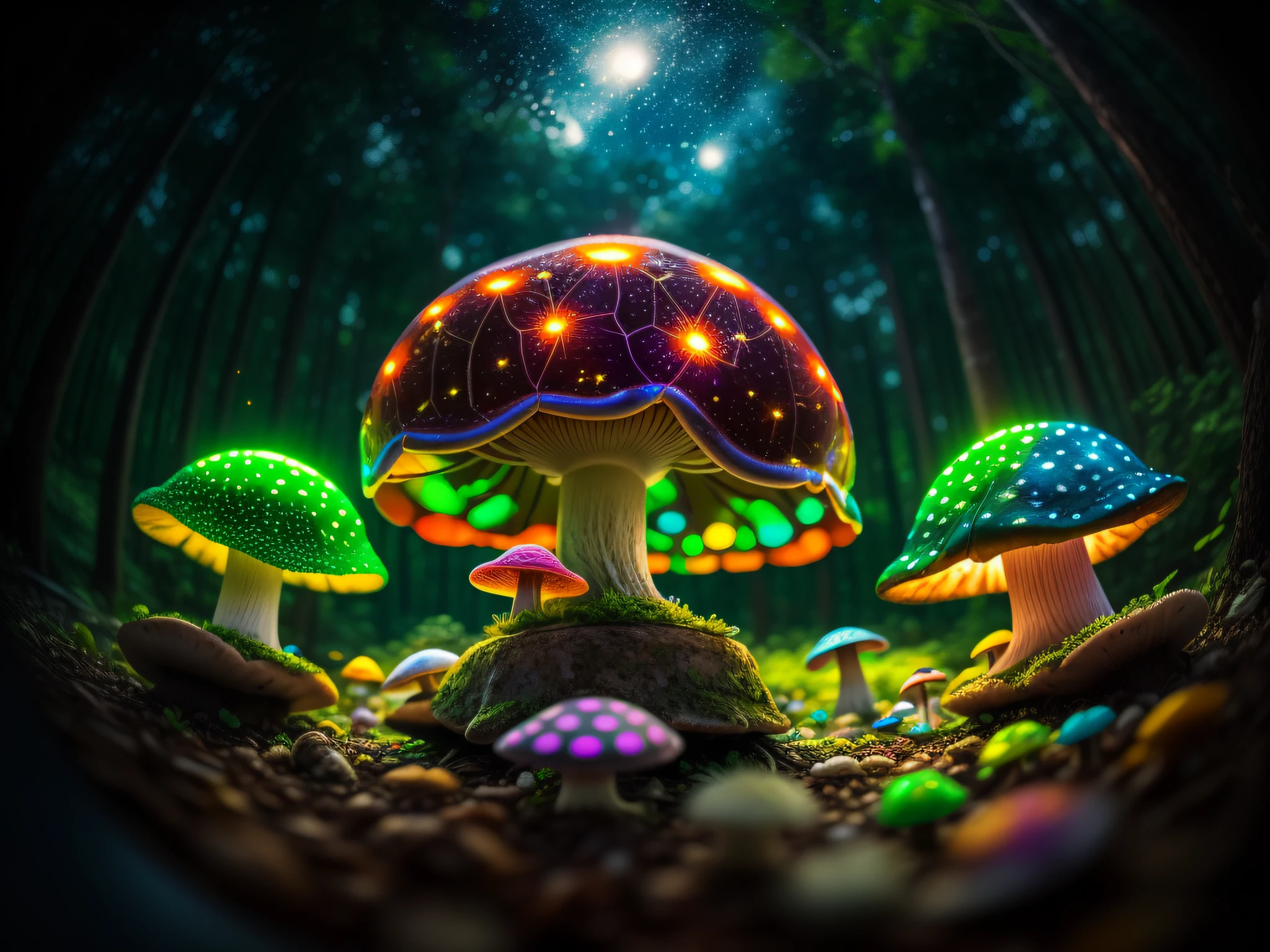 fisheye, 1turtle and many neon mushrooms, fireflies, shroom