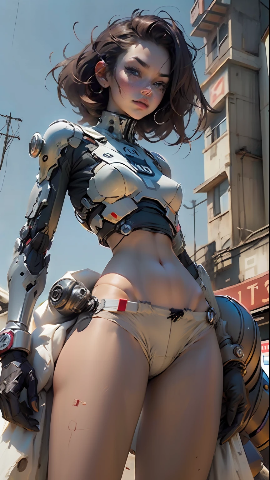 Woman body defined thick thighs cybernetic body parts, short underwear
